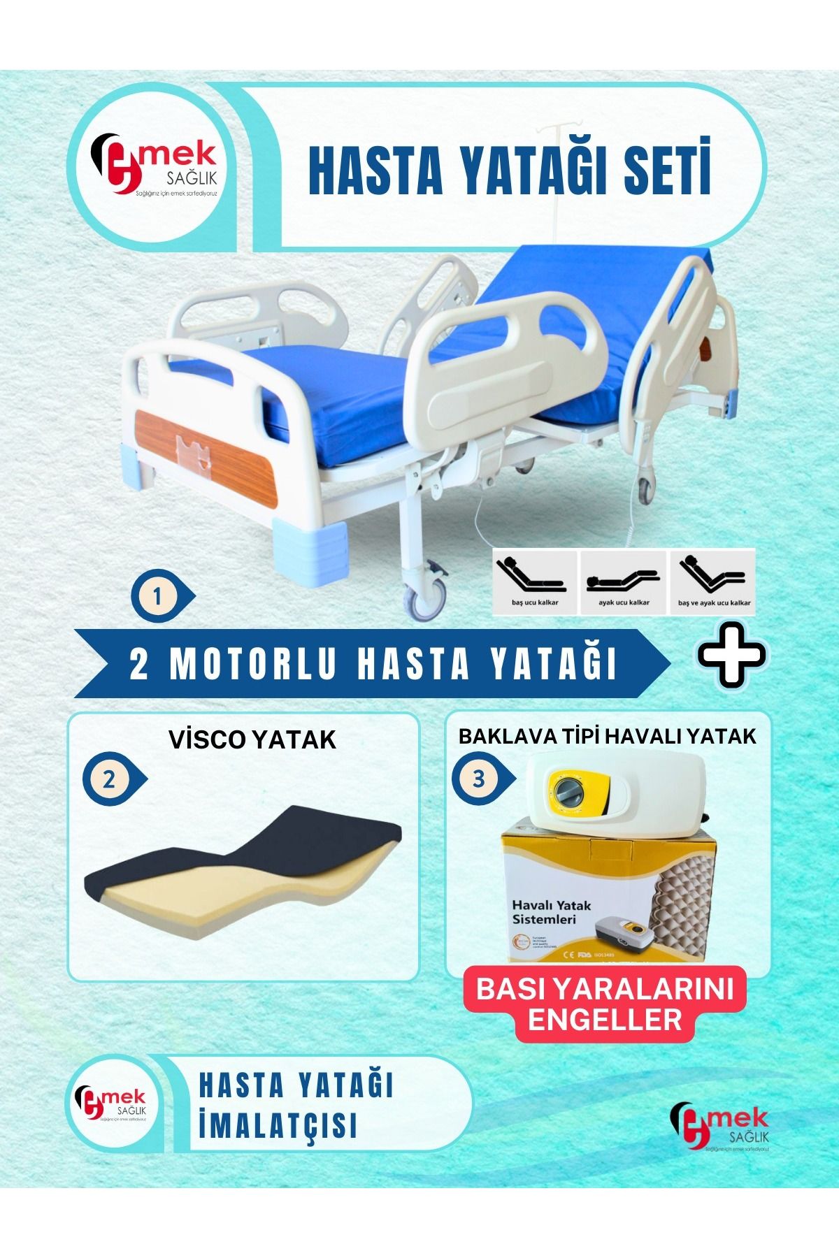 emek sağlık 2 Motorlu Full Abs Hasta Karyolası + Visco Yatak + Baklava Tipi Havalı Yatak