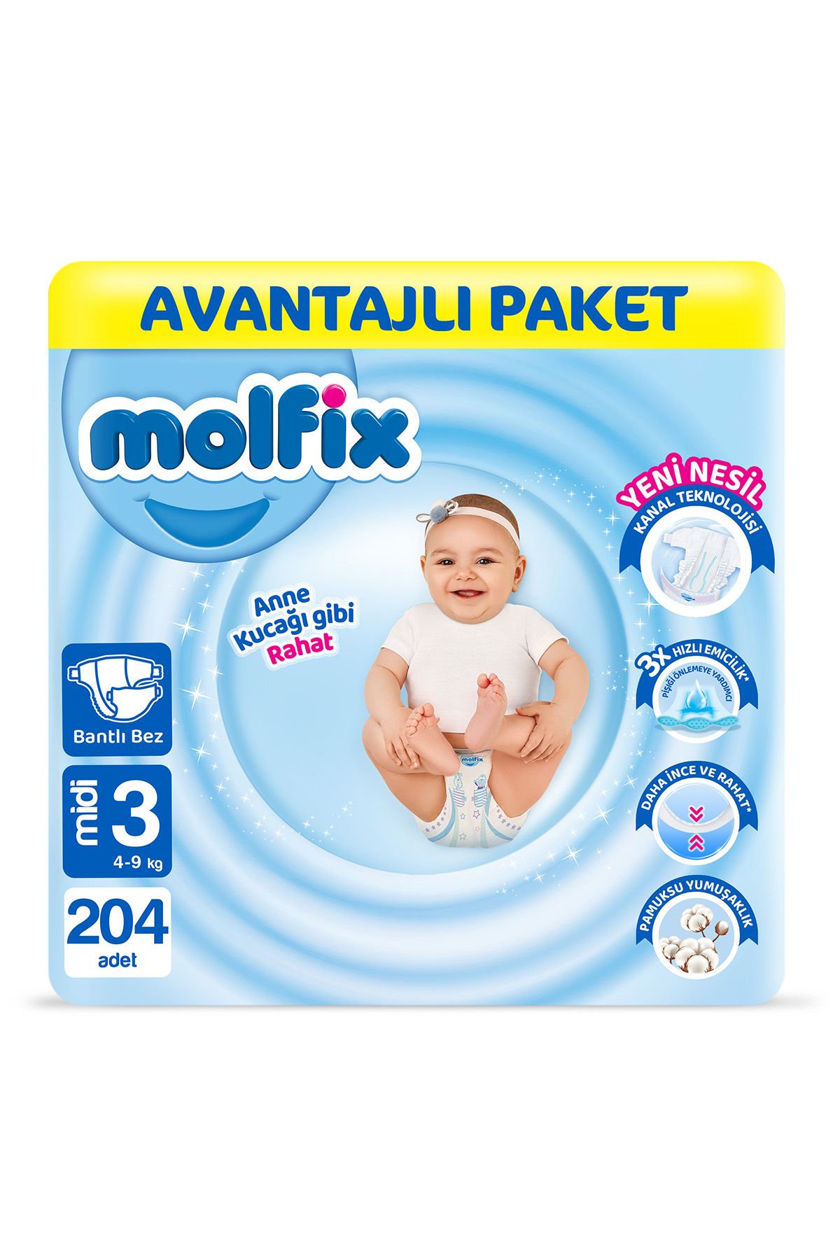 Molfix Bebek Bezi 3 Beden Midi Avantajlı Paket 204 Adet