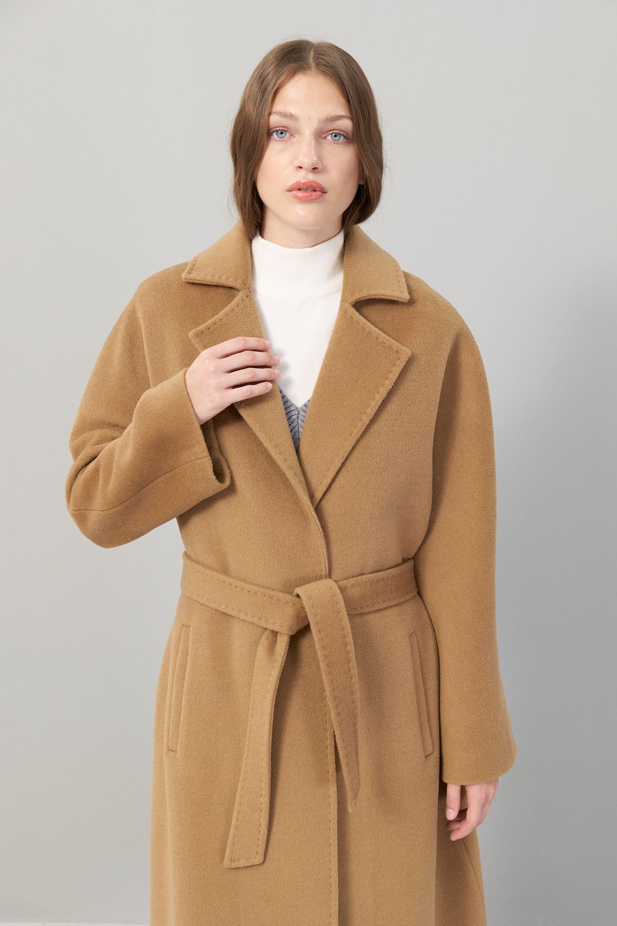 Roman-Tan Midi Length 100% Wool Coat - Tie Waist K 2519003 _022 4