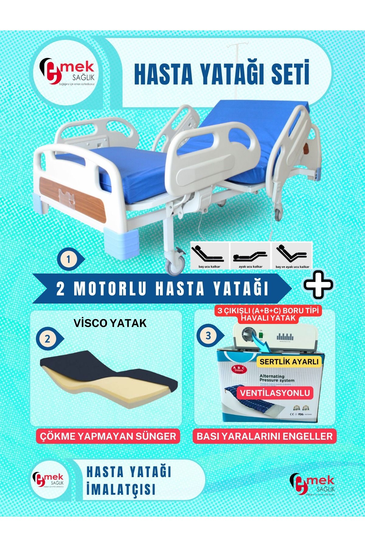 emek sağlık 2 Motorlu Full Abs Hasta Karyolası + Visco Yatak + 3 Çıkışlı A+B+C Boru Tipi Havalı Yatak