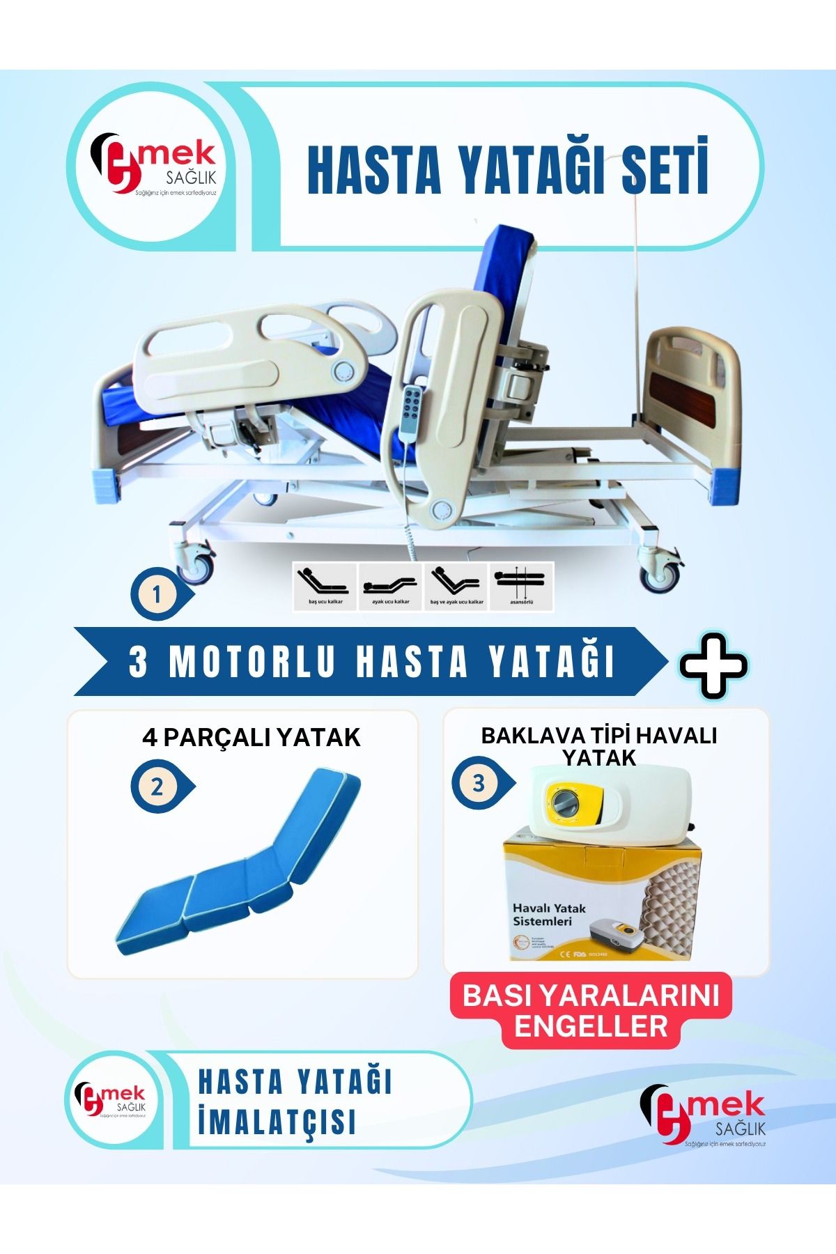 emek sağlık 3 Motorlu Full Abs Hasta Karyolası 4 Parçalı Yatak Baklava Tipi Havalı Yatak Takımı