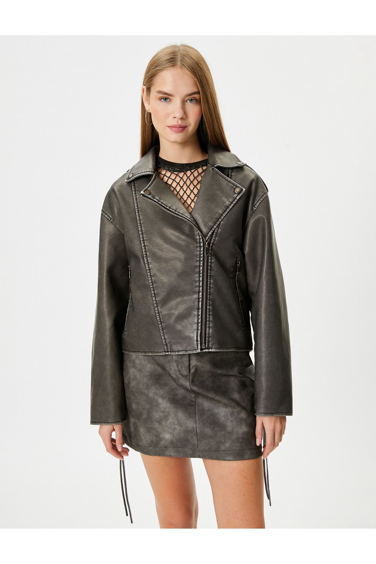 Koton-Double Breasted Cutout Biker Jacket - Distressed Faux Leather and Lacing Detail 5