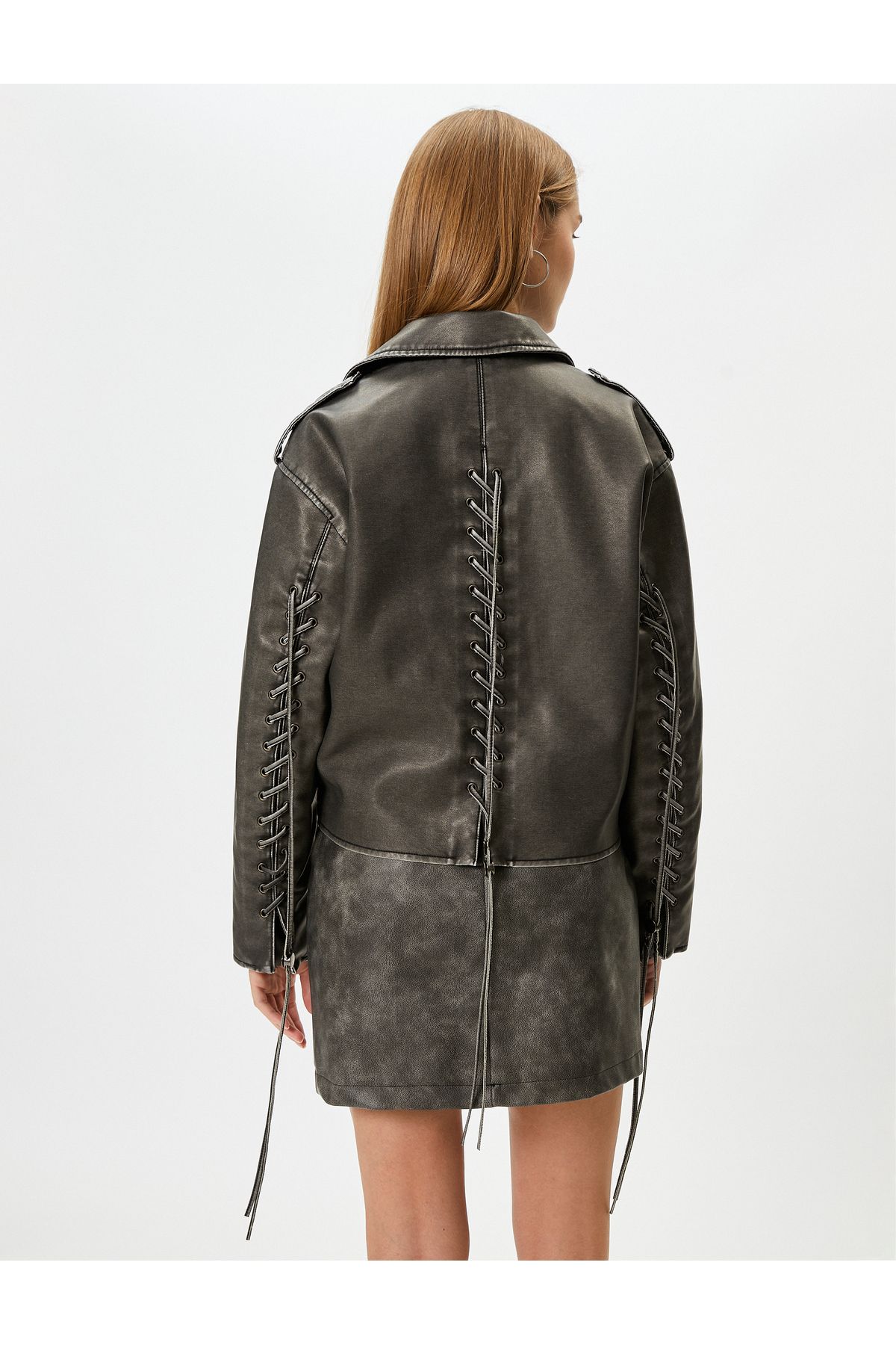 Koton-Double Breasted Cutout Biker Jacket - Distressed Faux Leather and Lacing Detail 6