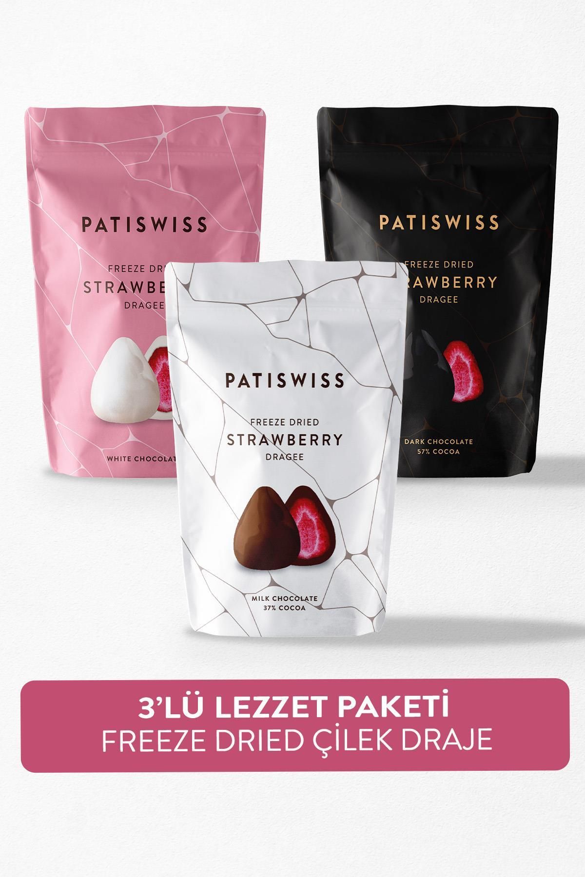 Patiswiss Sütlü, Bitter Ve Beyaz Çikolata Kaplı Çilek Draje Seti 80g X 3 Adet