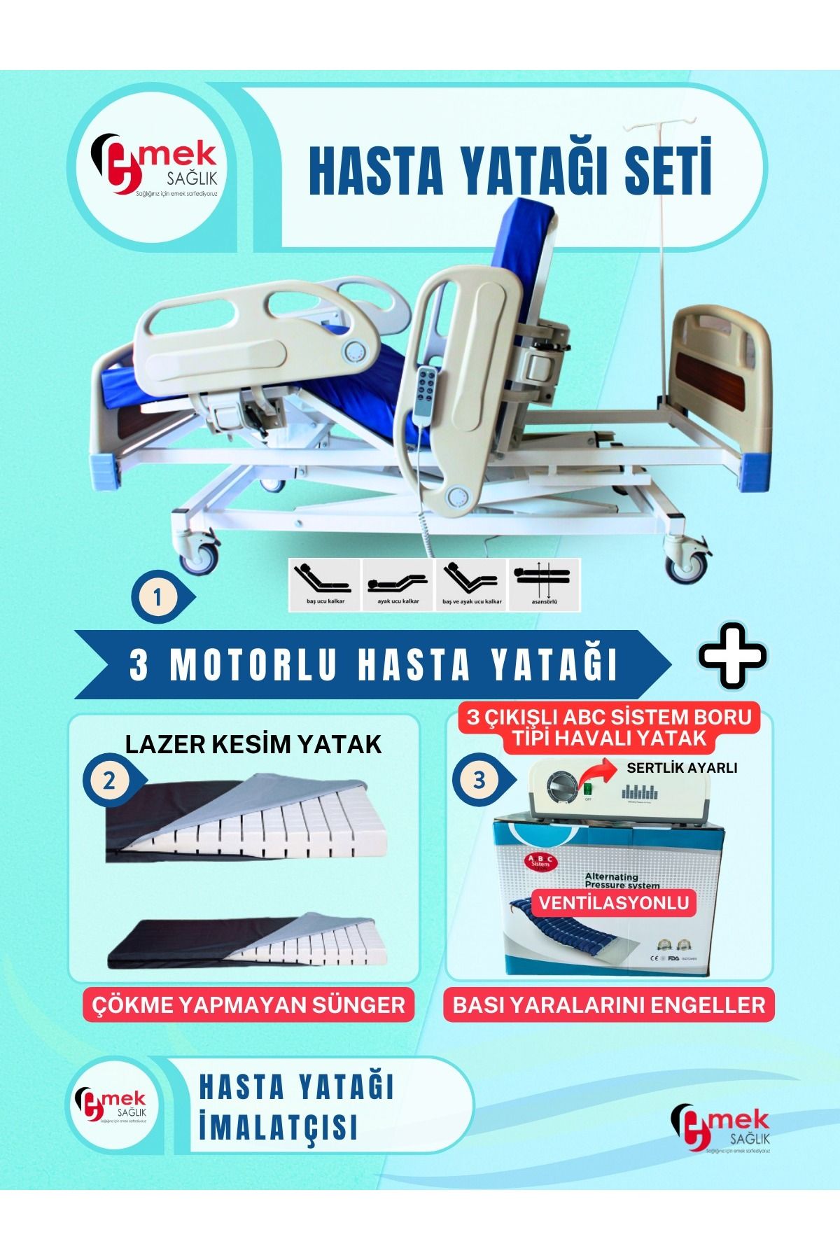 emek sağlık 3 Motorlu Full Abs Hasta Karyolası+Cnc Lazer Kesim Yatak+3Çıkışlı ABC Sistem Boru Tipi Havalı Yatak