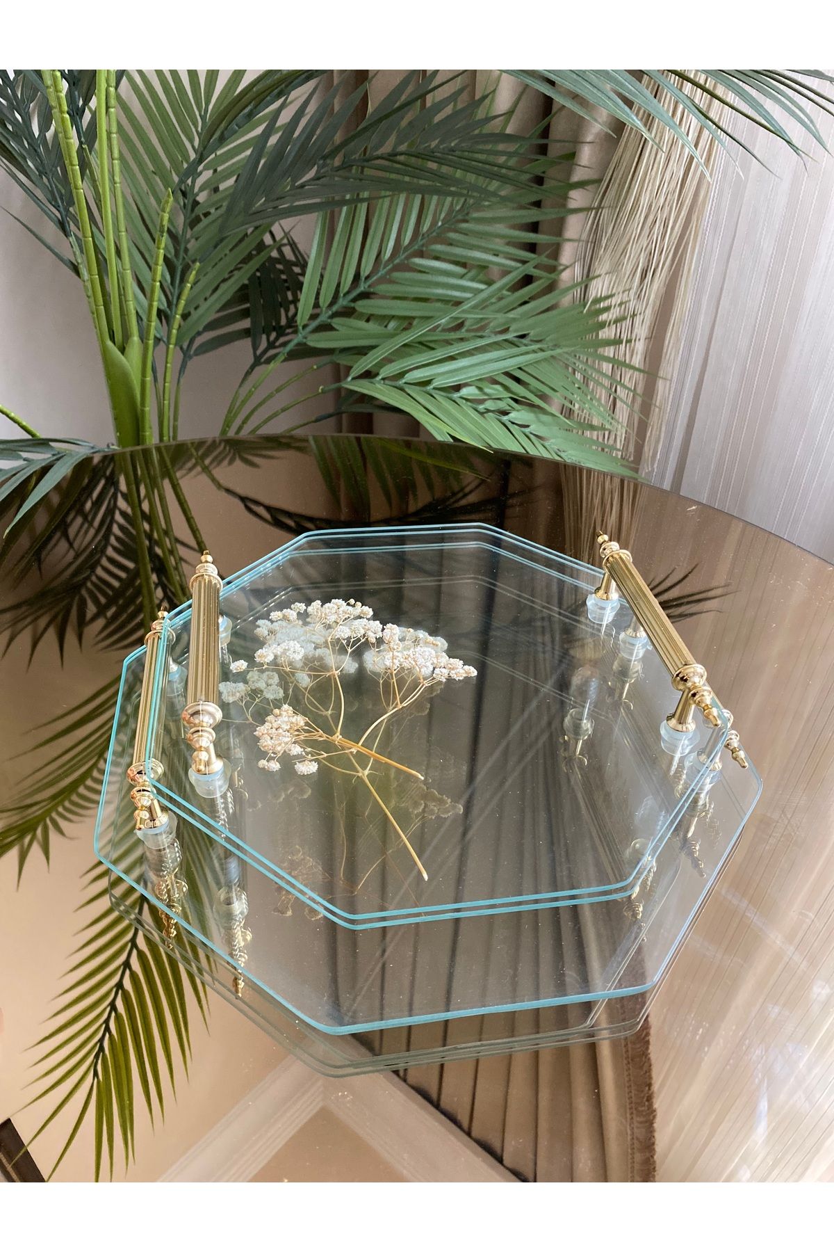 Housess-Set de 2 tăvi de logodnă cu henna - transparente, cu sticlă dublă, cu model de flori, set de tăvi de servire cu mâner argintiu 5