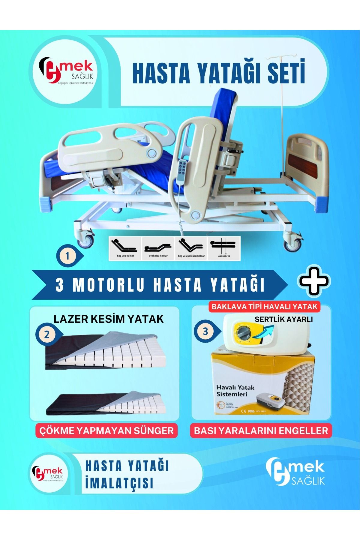 emek sağlık 3 Motorlu Full ABS Hasta Karyolası+Cnc Lazer Kesim Yatak+Baklava Tipi Havalı Yatak Takım