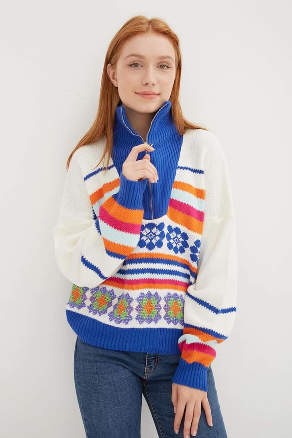 Fashion Friends-Regular Fit Trucker Collar Patterned Knitted Sweater Pullover 24K0840K1 2