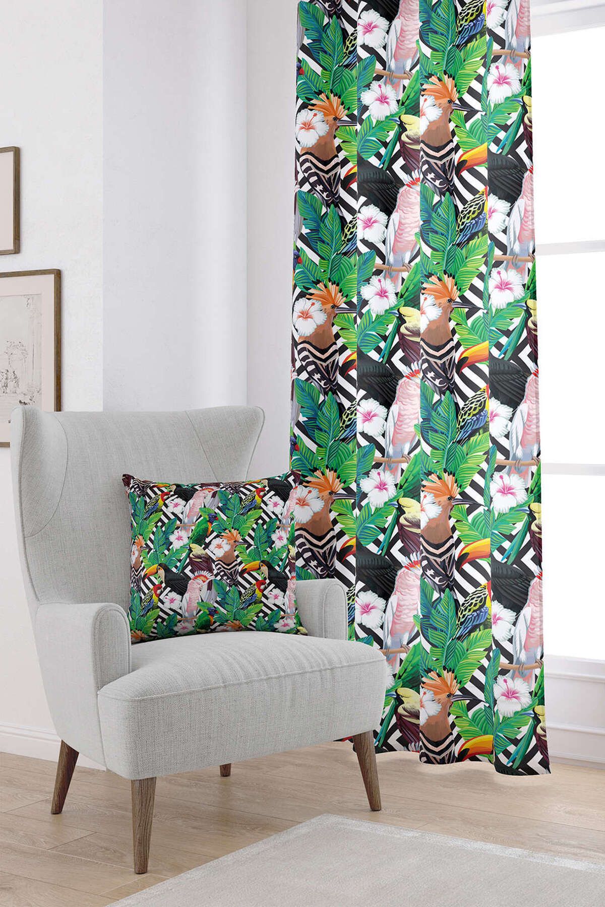 Cango Home-White Multi-Colored Tropical Bird Patterned Digital Printed Curtain Yst08-pr 1