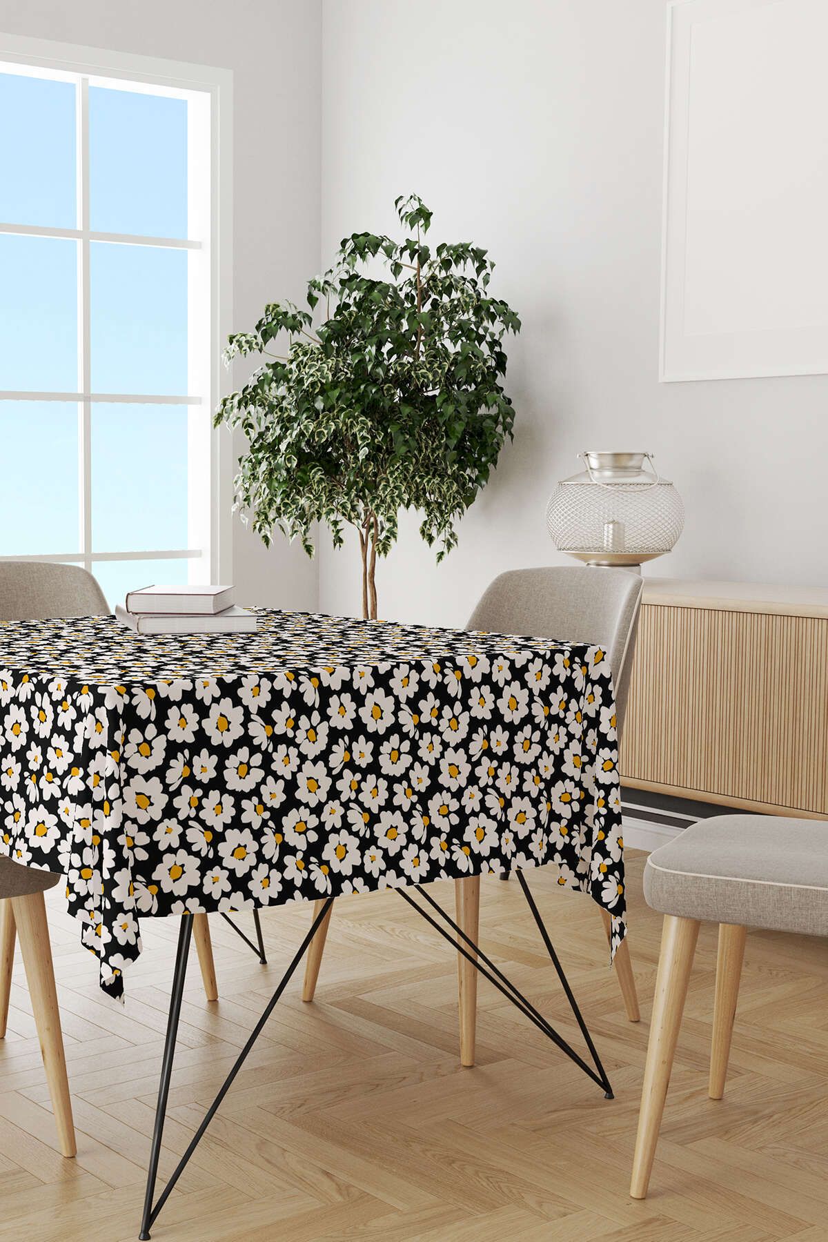 Cango Home-Yellow Black Daisy Patterned Digital Printed Tablecloth Cgh1195-ms 2