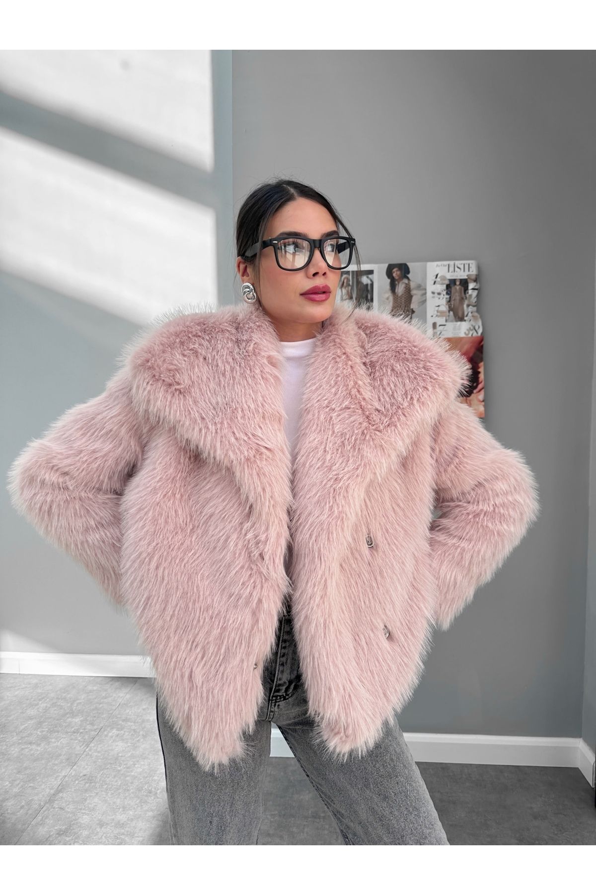 ESRAHELVACI-Powder Pink Double Breasted Premium Fur Coat 1