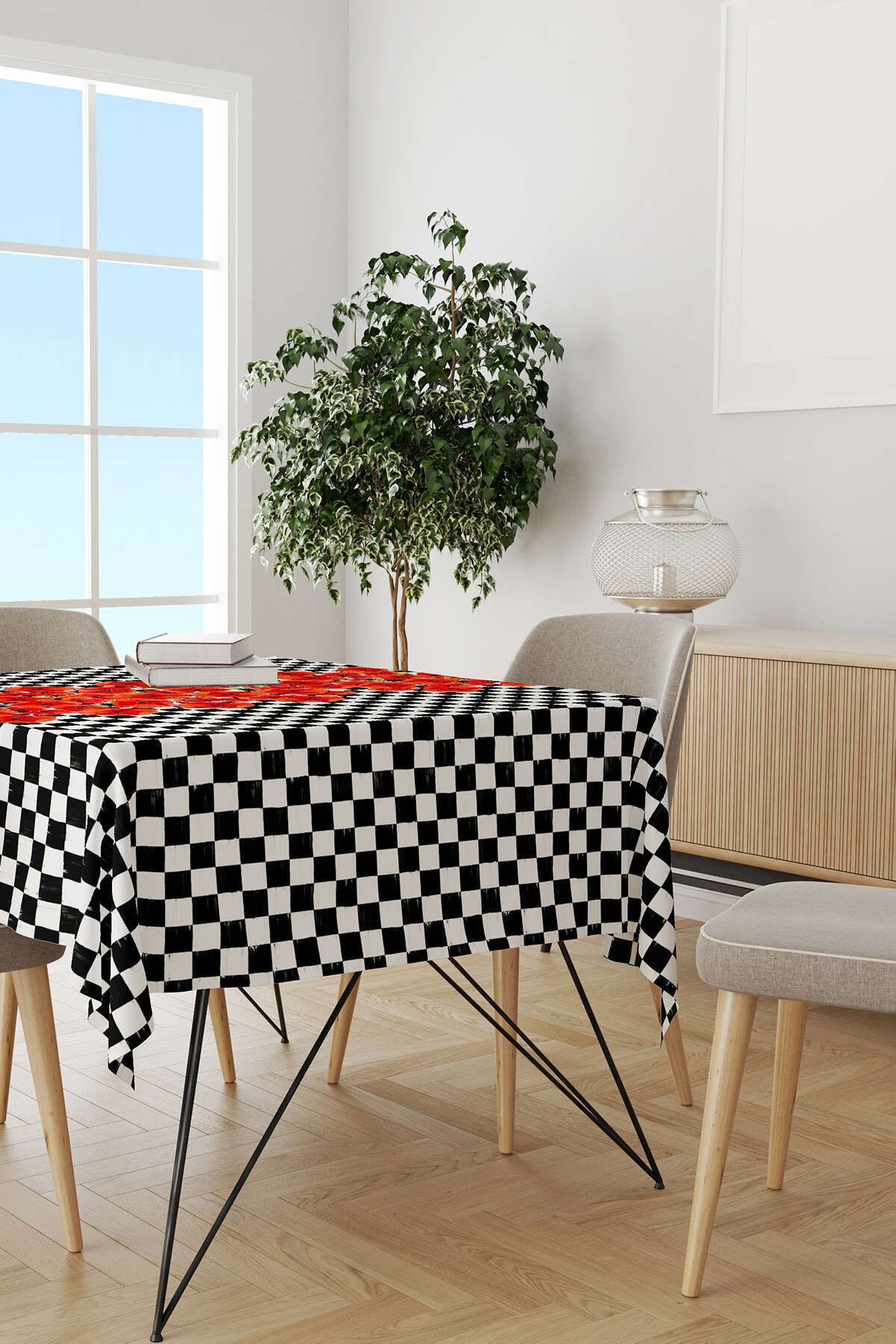 Cango Home-Red Black Checkered Flower Patterned Digital Printed Tablecloth Cgh1071-ms 2