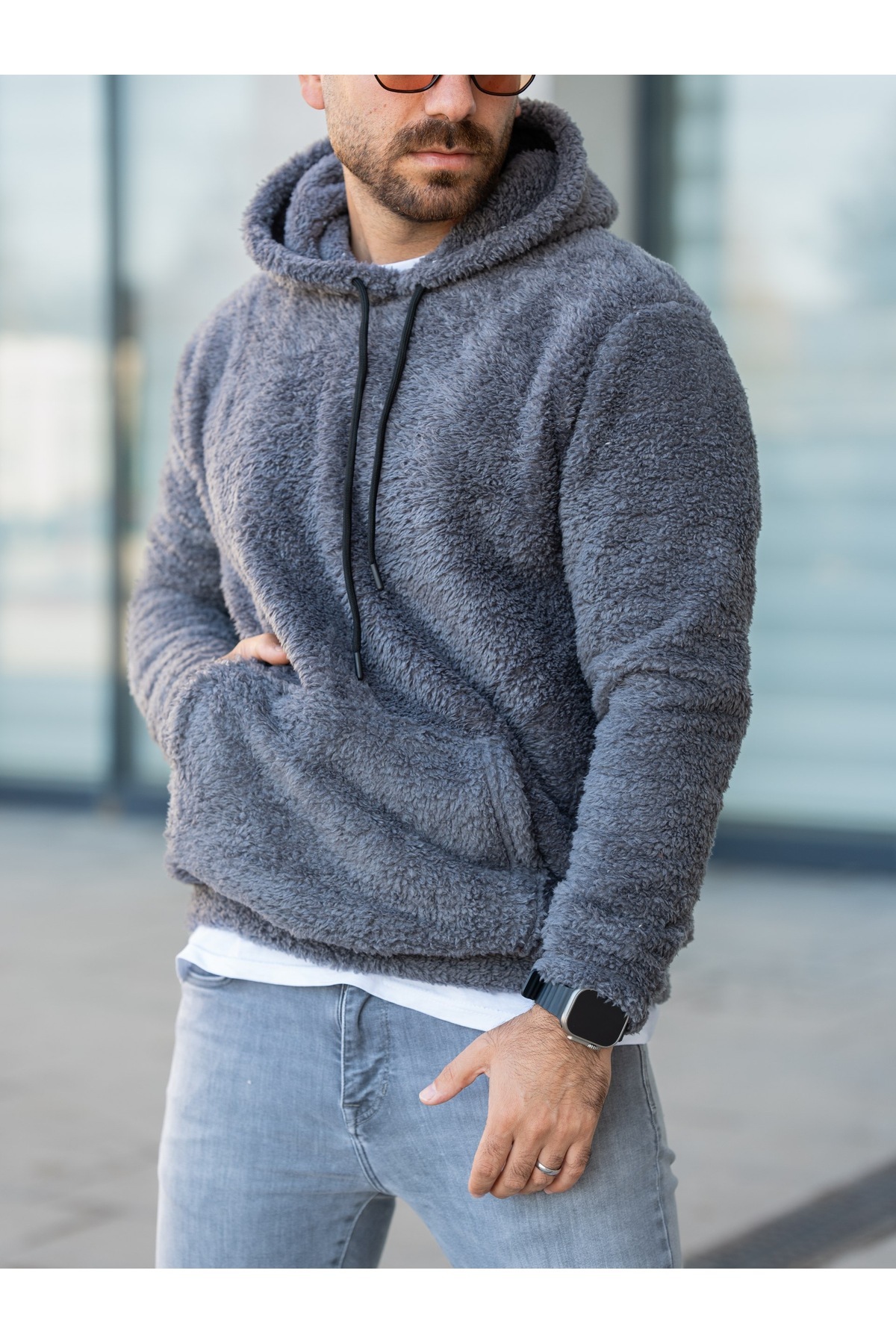 Kanguru Cepli Kapüşonlu Peluş Sweatshirt — رنگارنگ kngceppelus — تصویر 6 از 7
