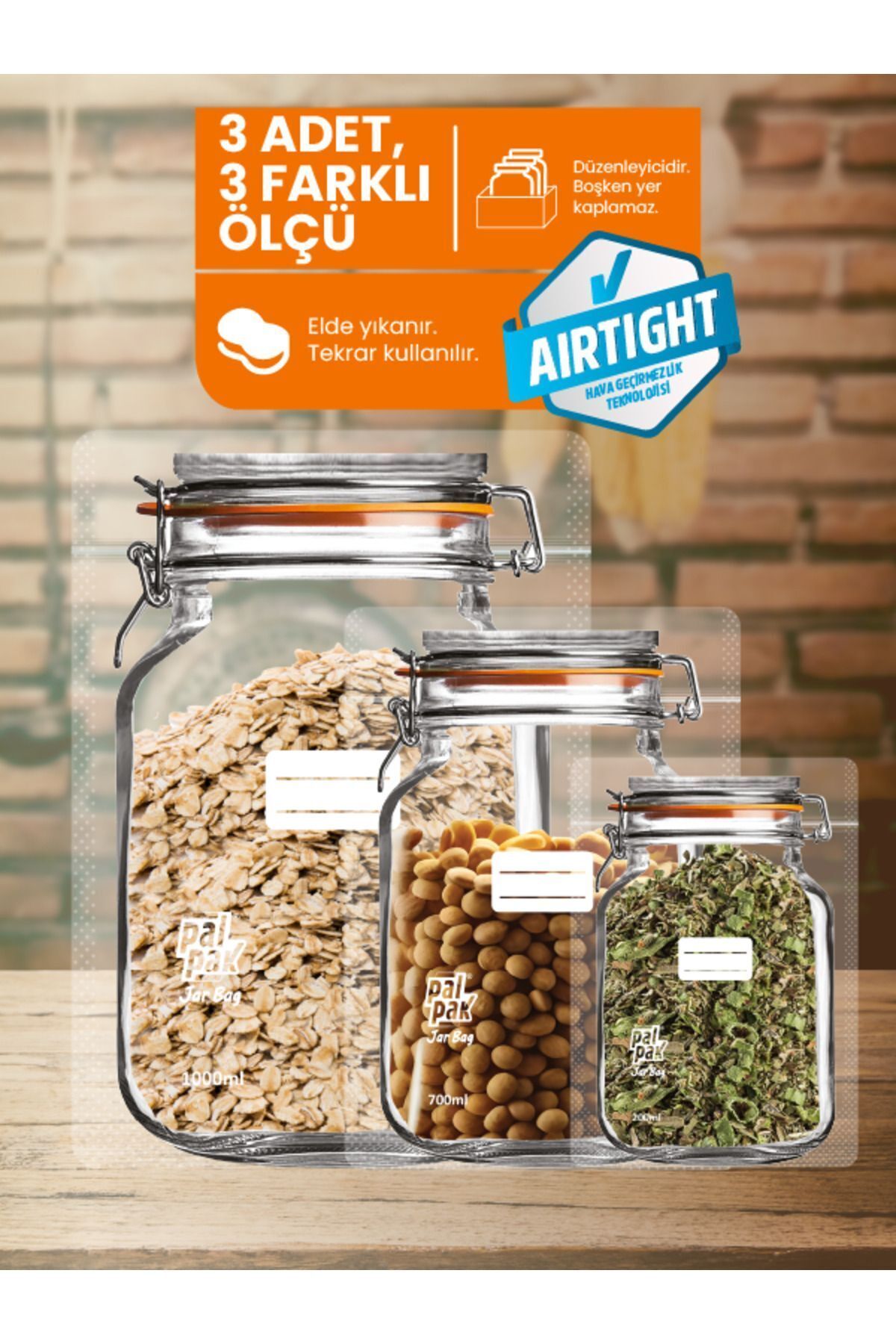PALPAK-Clip Lid Jar Appearance Storage Bag - 3 Pieces (1 LARGE 1000ML;1 MEDIUM 700ML;1 SMALL 200ML) 2
