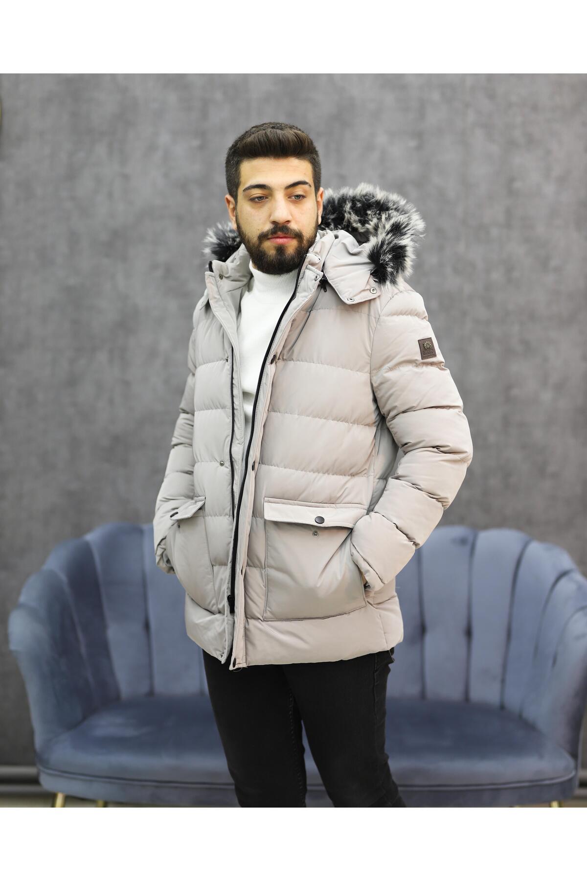 کاپشن پفی کلاه‌دار با آستر خزدار مدل EXCELENTE 5111 (خاکستری روشن)