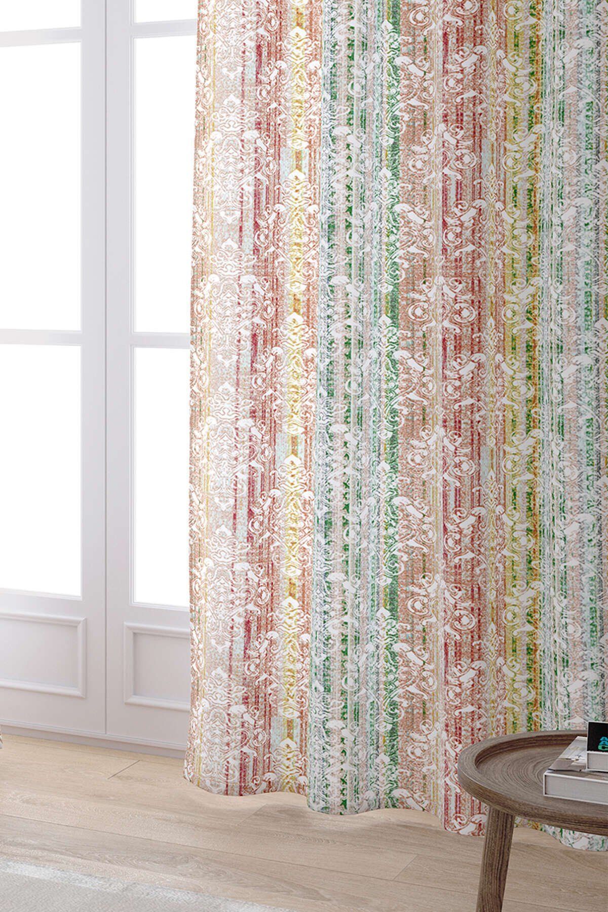 Cango Home-White Multicolored Damask Patterned Digital Printed Curtain Cgh067-pr 2