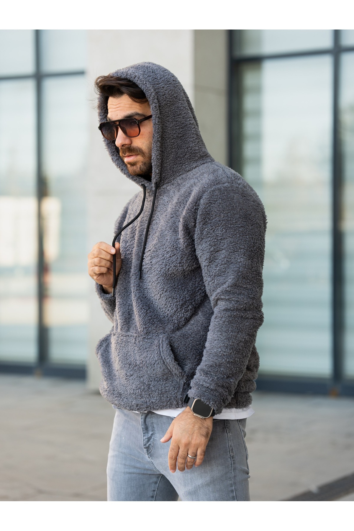 Kanguru Cepli Kapüşonlu Peluş Sweatshirt — رنگارنگ kngceppelus — تصویر 5 از 7