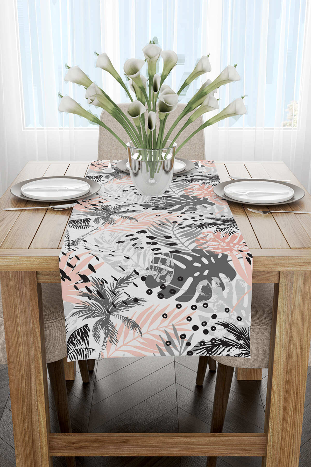 Cango Home-Gray Pink Tropical Leaf Patterned Runner - Cgh022-rn 2