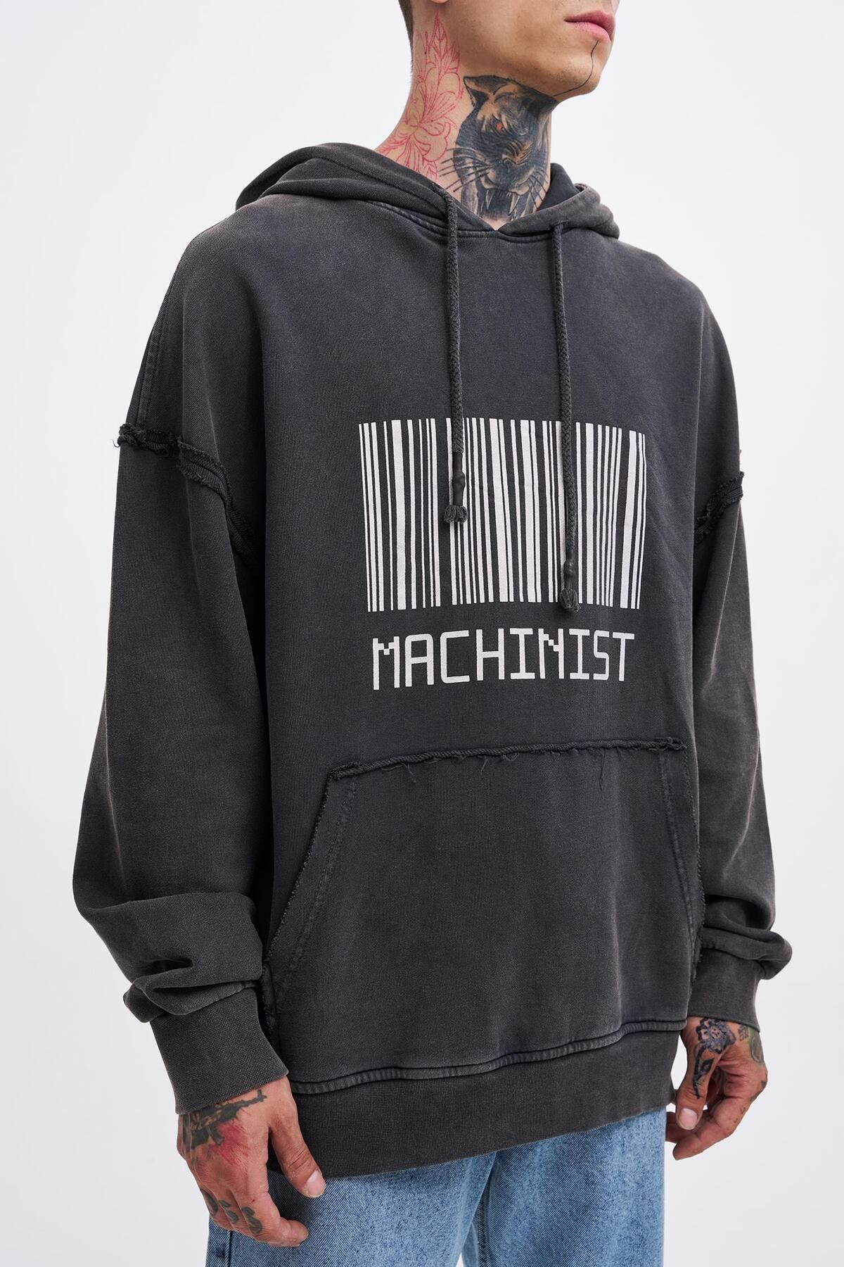 Machinist-Men's Washed Barcode Printed Hooded Oversize Black Sweatshirt 2