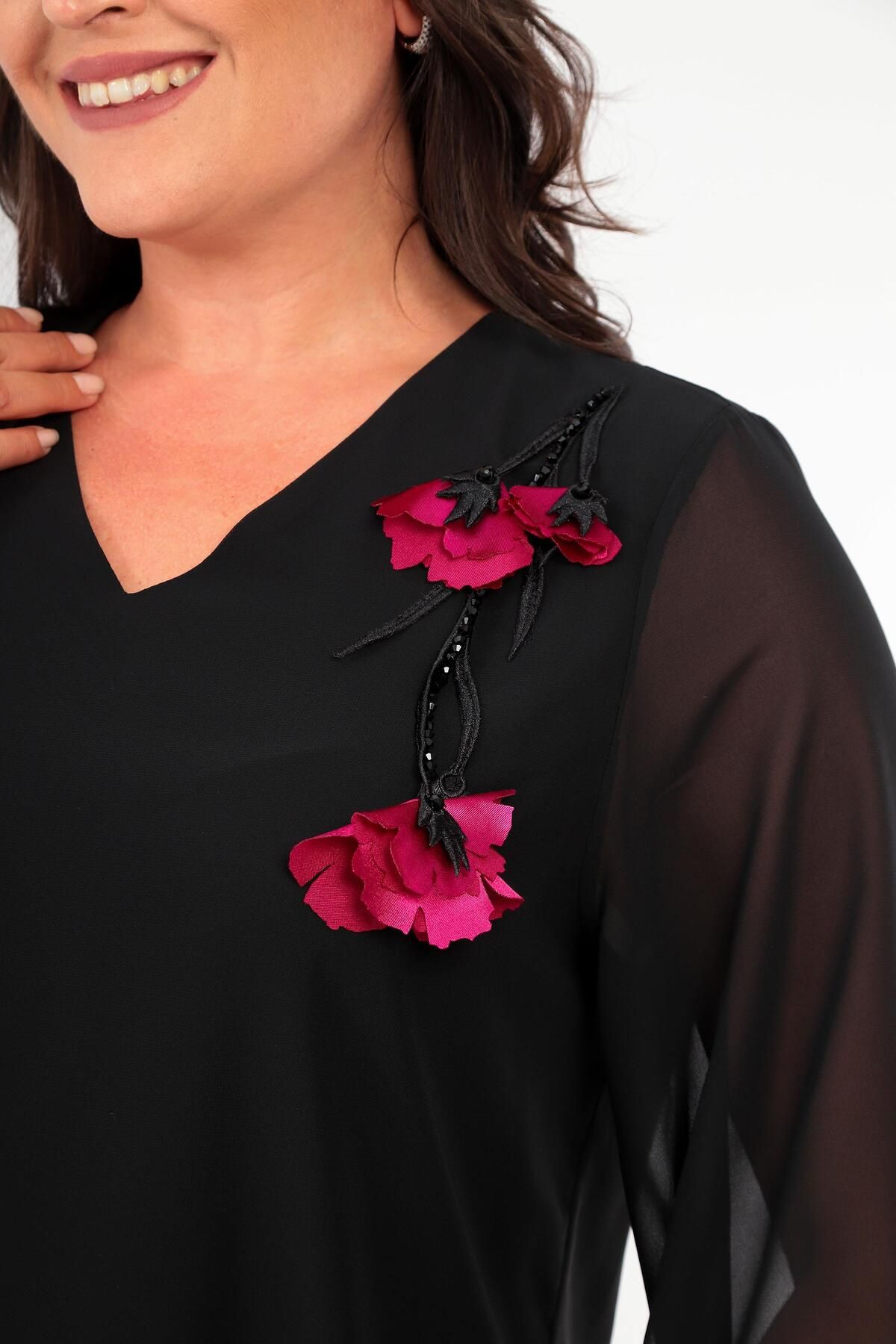Trend42plus-Plus Size Floral Embroidered Chiffon Black Blouse 4