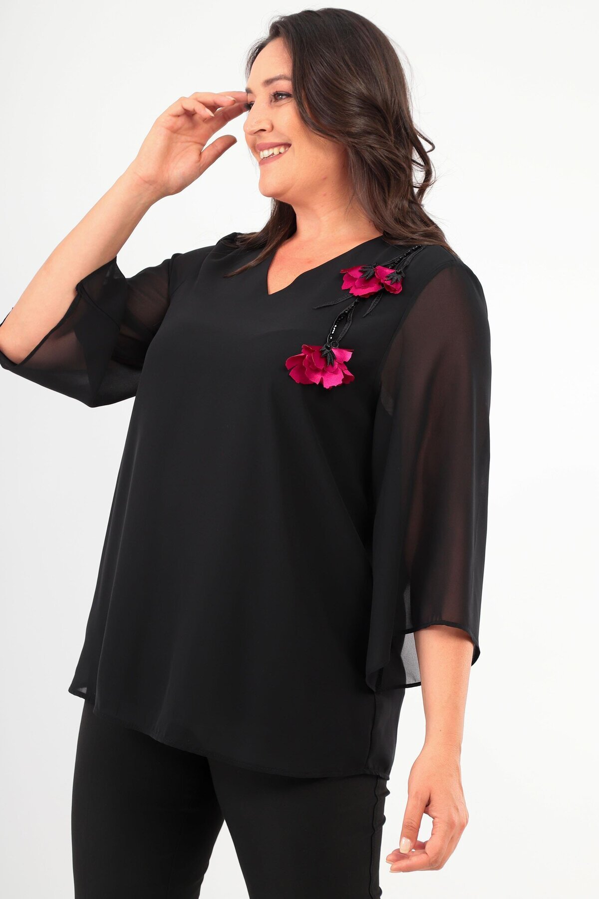 Trend42plus-Plus Size Floral Embroidered Chiffon Black Blouse 3