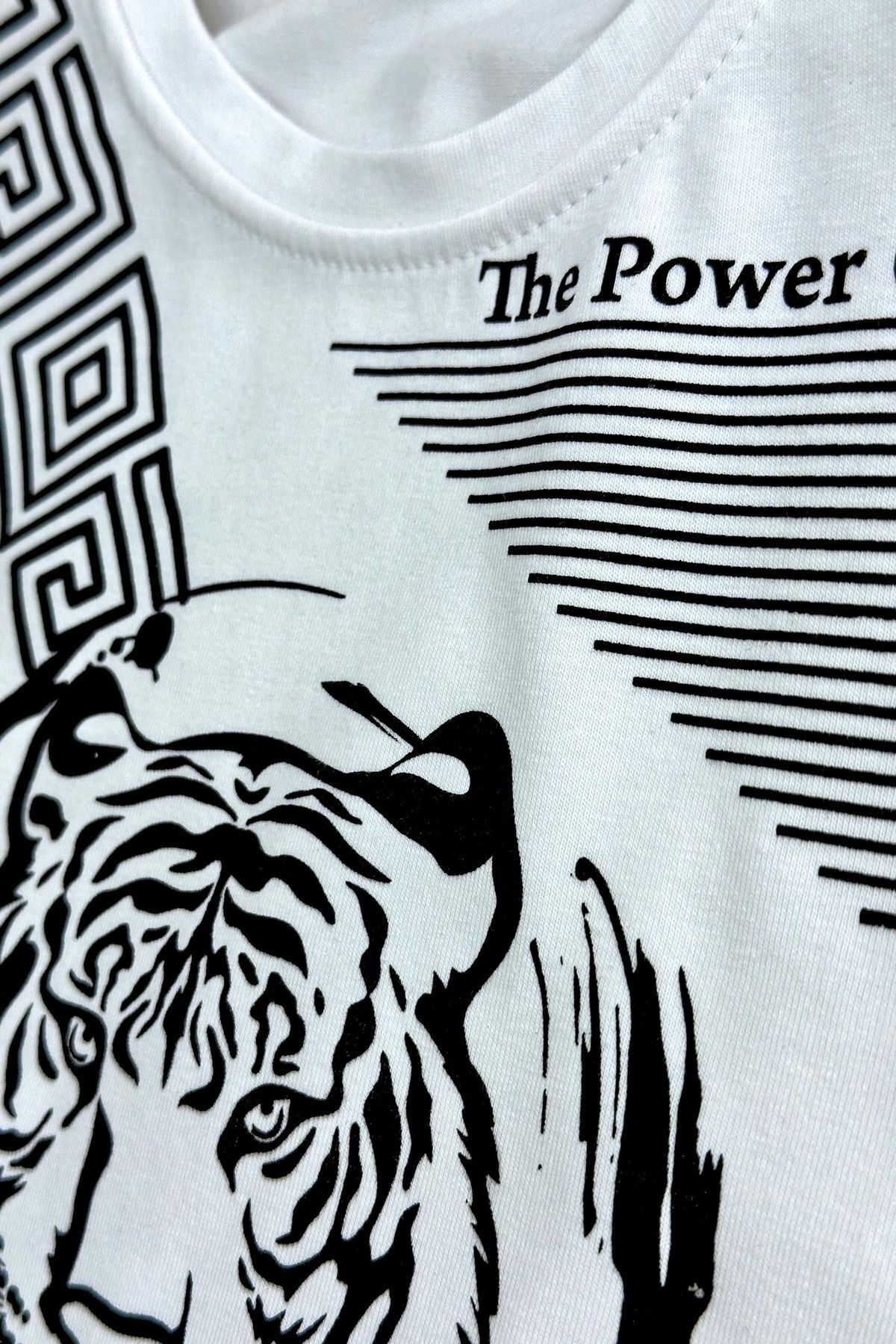 TRİLİYA-White T-Shirt and Capri Set - Tiger Printed for Kids 2