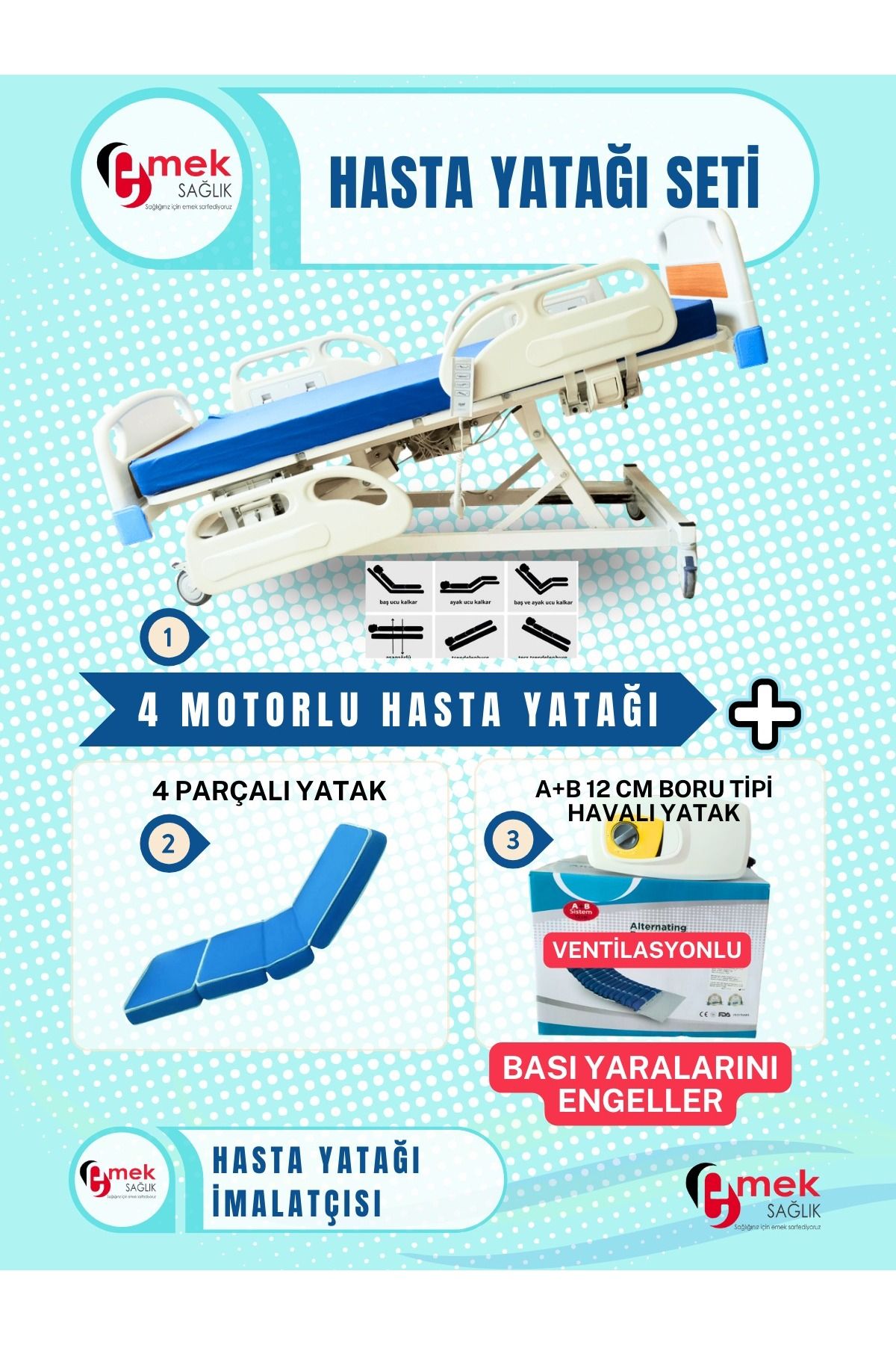 emek sağlık 4 Motorlu Full ABS Hasta Karyolası + 4 Parçalı Yatak + A+B 12 cm Boru Tipi Havalı Yatak Takım