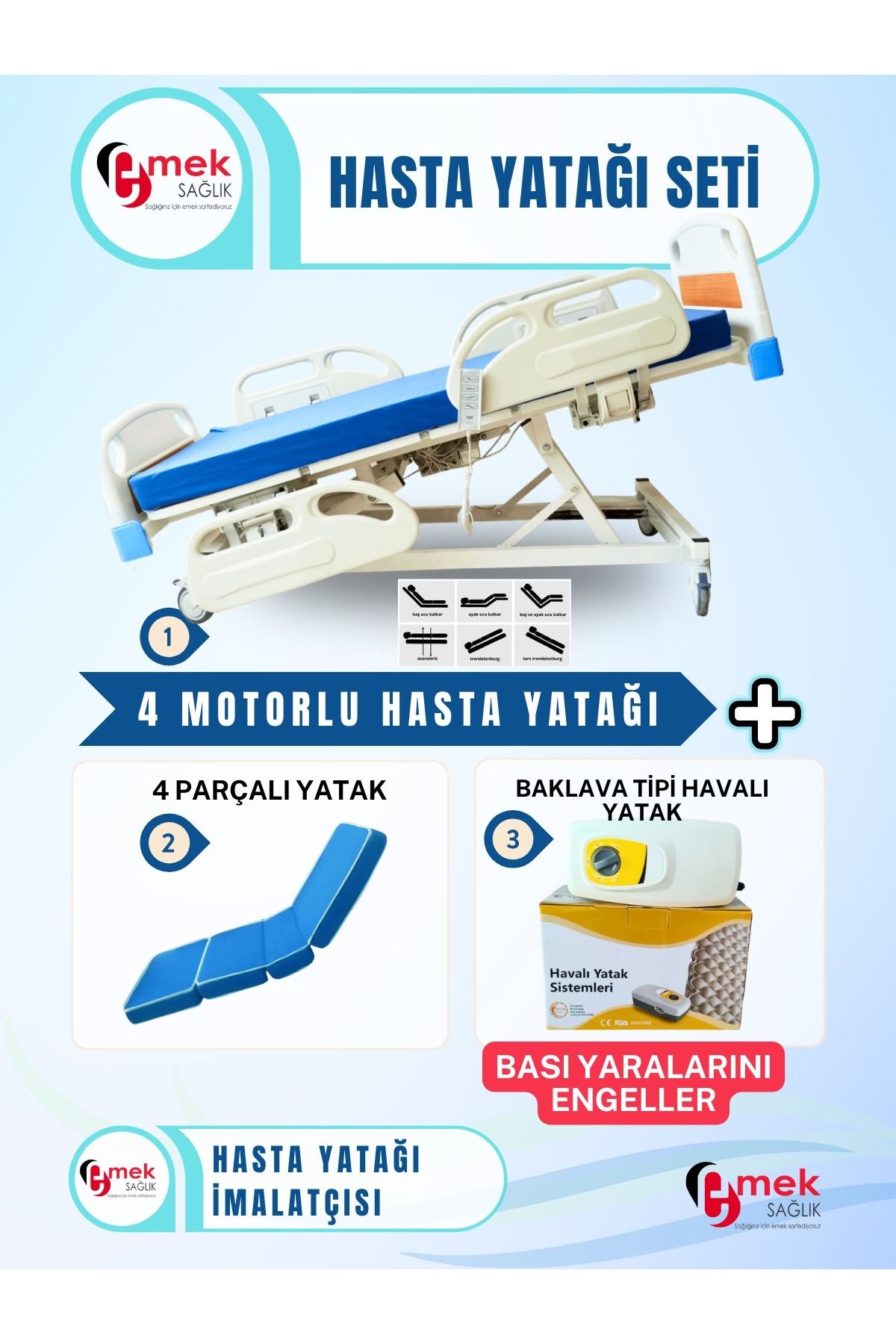 emek sağlık 4 Motorlu Full ABS Hasta Karyolası + 4 Parçalı Yatak + Baklava Tipi Havalı Yatak Takım