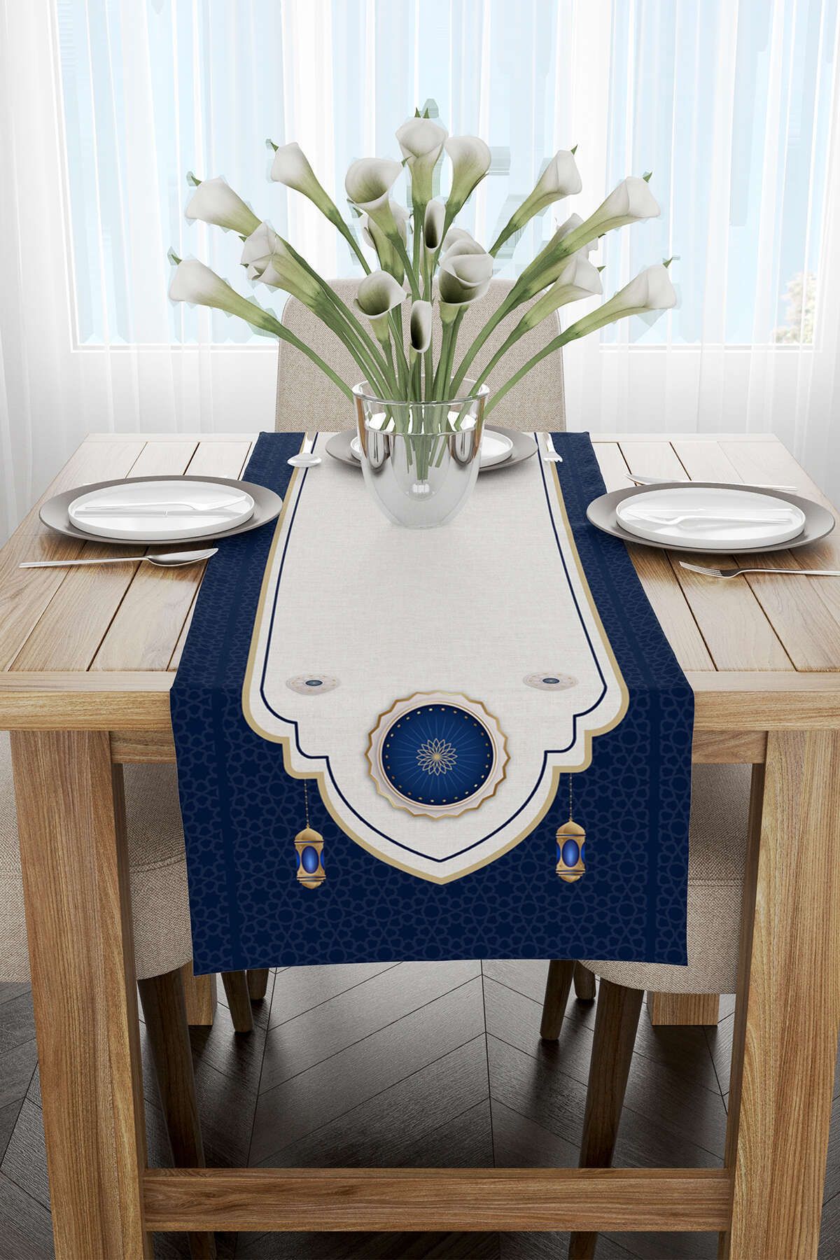 Cango Home-Albastru bleumarin și alb tema Ramadan cu model decorativ cu imprimare digitală Runner Cgh1314-rn 2