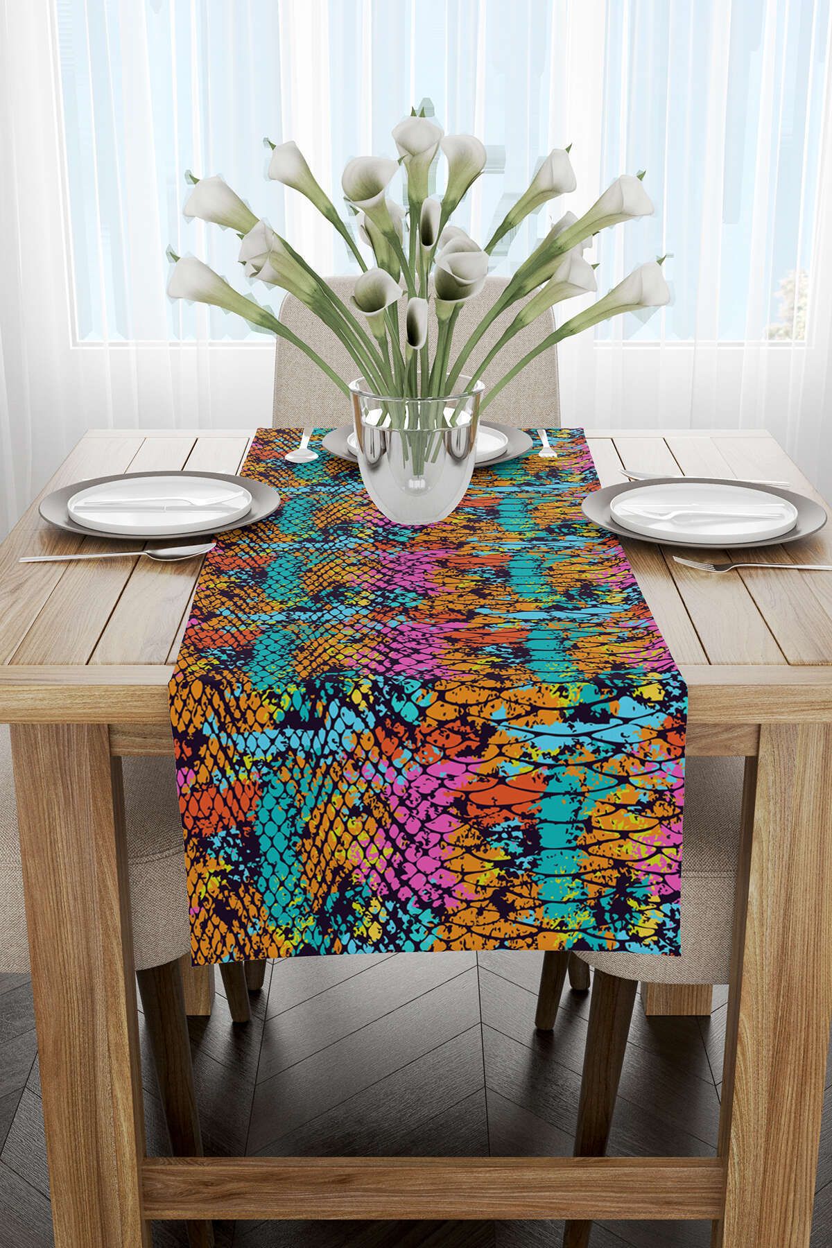 رانر و زیر بشقابی چند رنگ مشکی Multi Color Snake Digital Printing Runner CGH373 RN Cango Home
