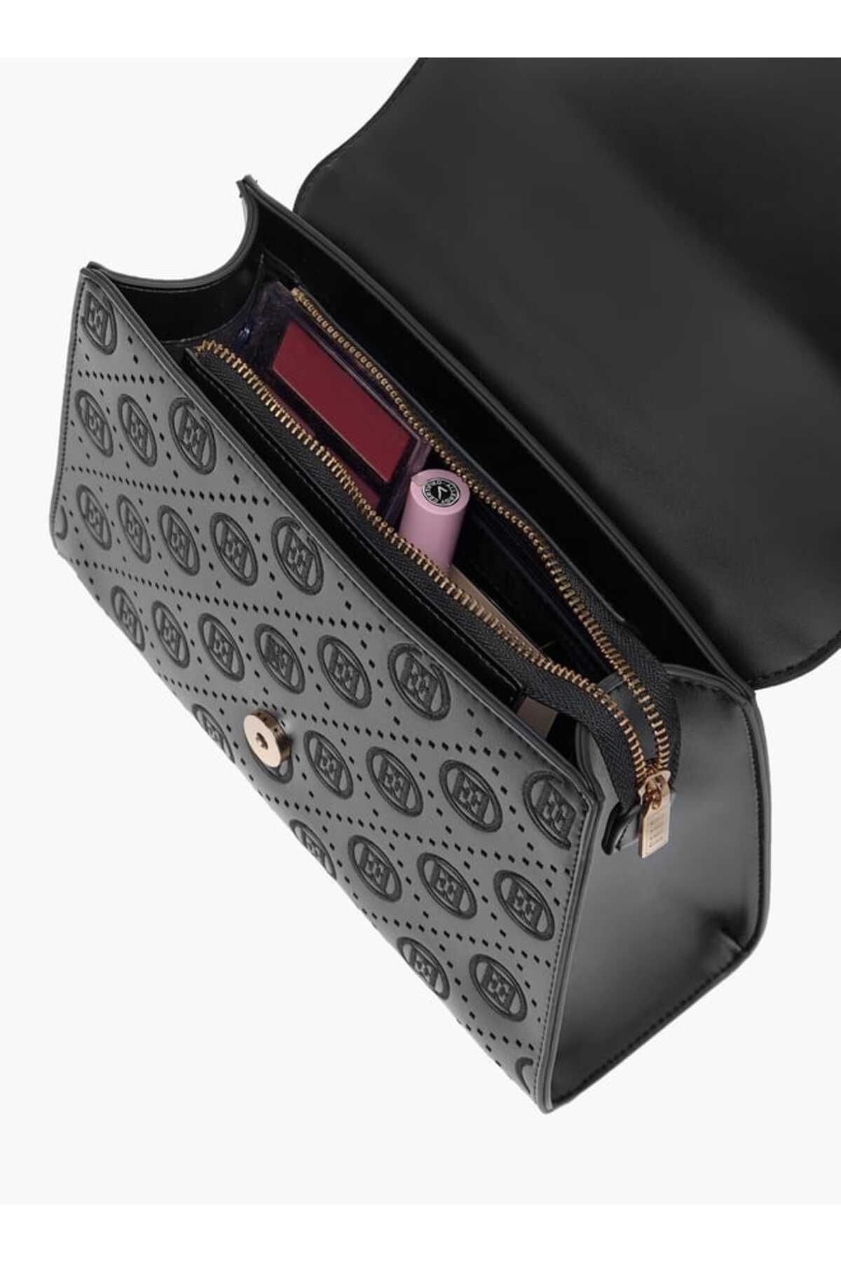 ELLE-Monogram Textured Satchel Bag with Detachable Strap and Flap Closure 7
