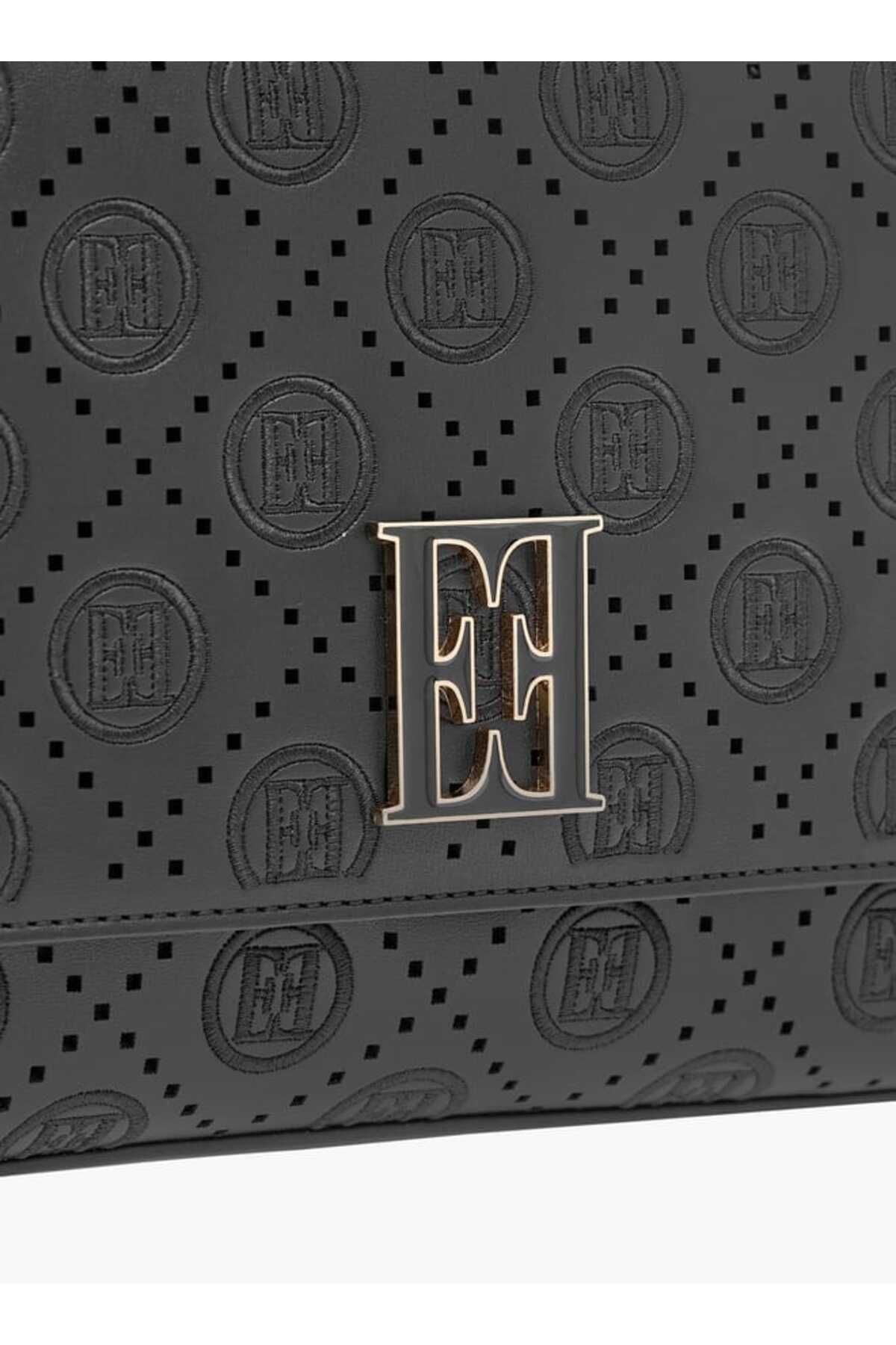 ELLE-Monogram Textured Satchel Bag with Detachable Strap and Flap Closure 4