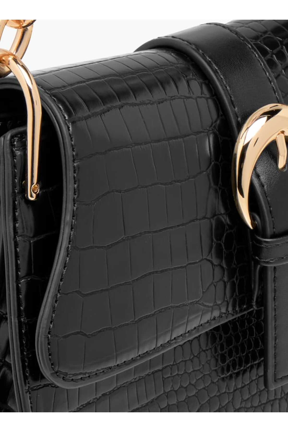 Celeste-Animal Textured Satchel Bag with Detachable Strap and Flap Closure 4