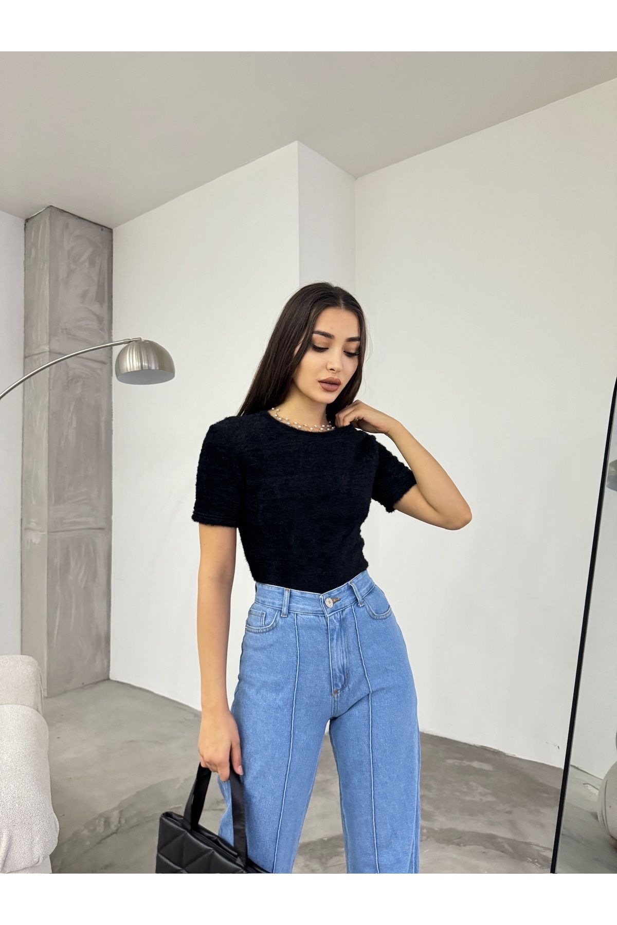 BİKELİFE-Weiche Plüsch-Crop-Bluse für Damen mit Rundhalsausschnitt 5