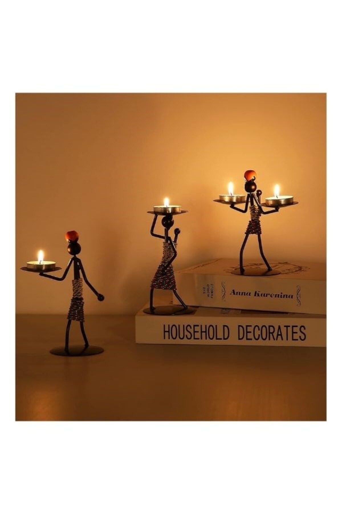 HEDİYE FİKRİ Afrikalı Kadın Tasarımlı Tealight Metal Mumluk Dekoratif Şık Hediyelik ÜÇLÜ SET