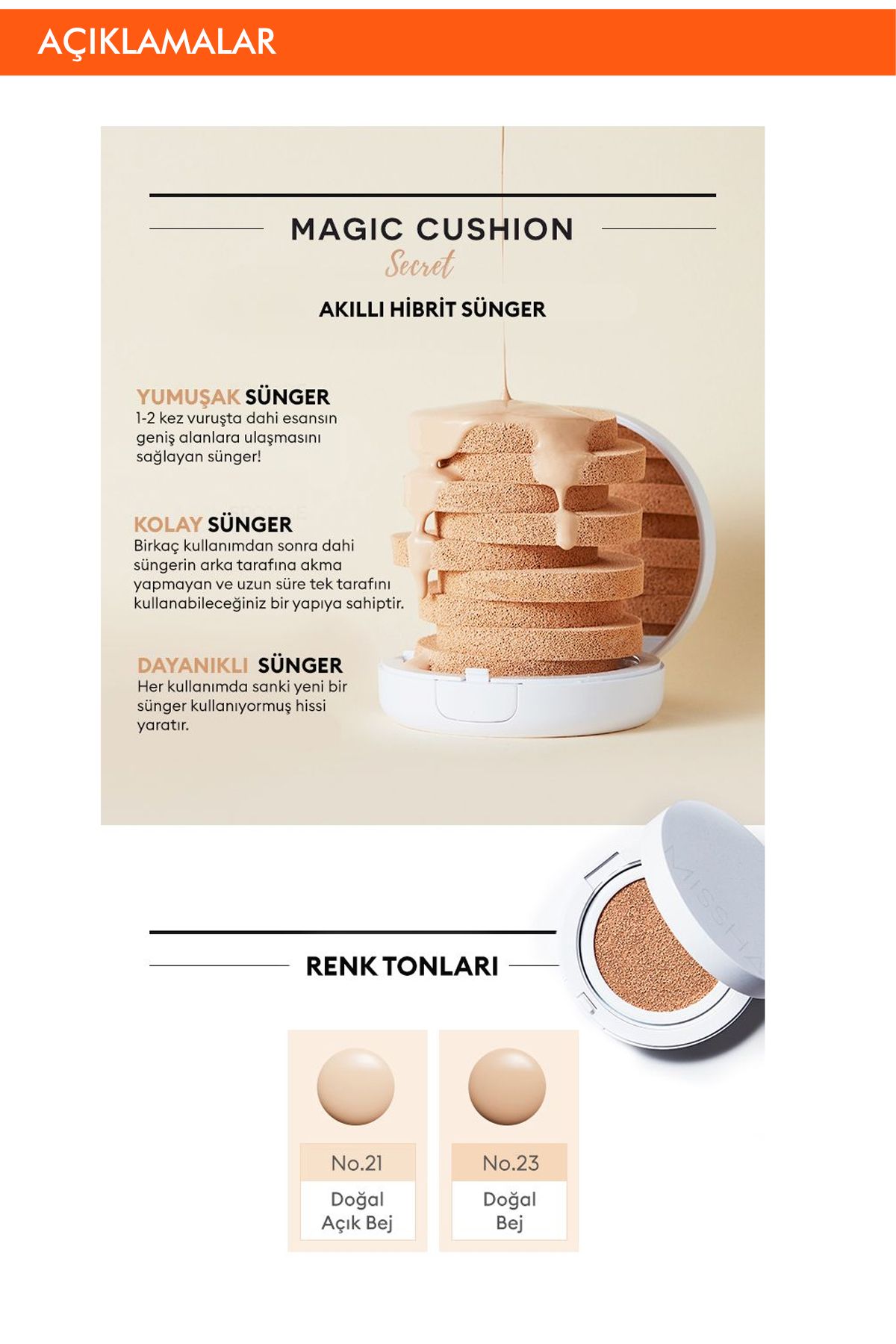 Missha Yarı Mat Görünümlü Uzun Süre Kalıcı Cushion Fondöten Magic Cushion Cover Lasting SPF50+/PA+++ No.23-3