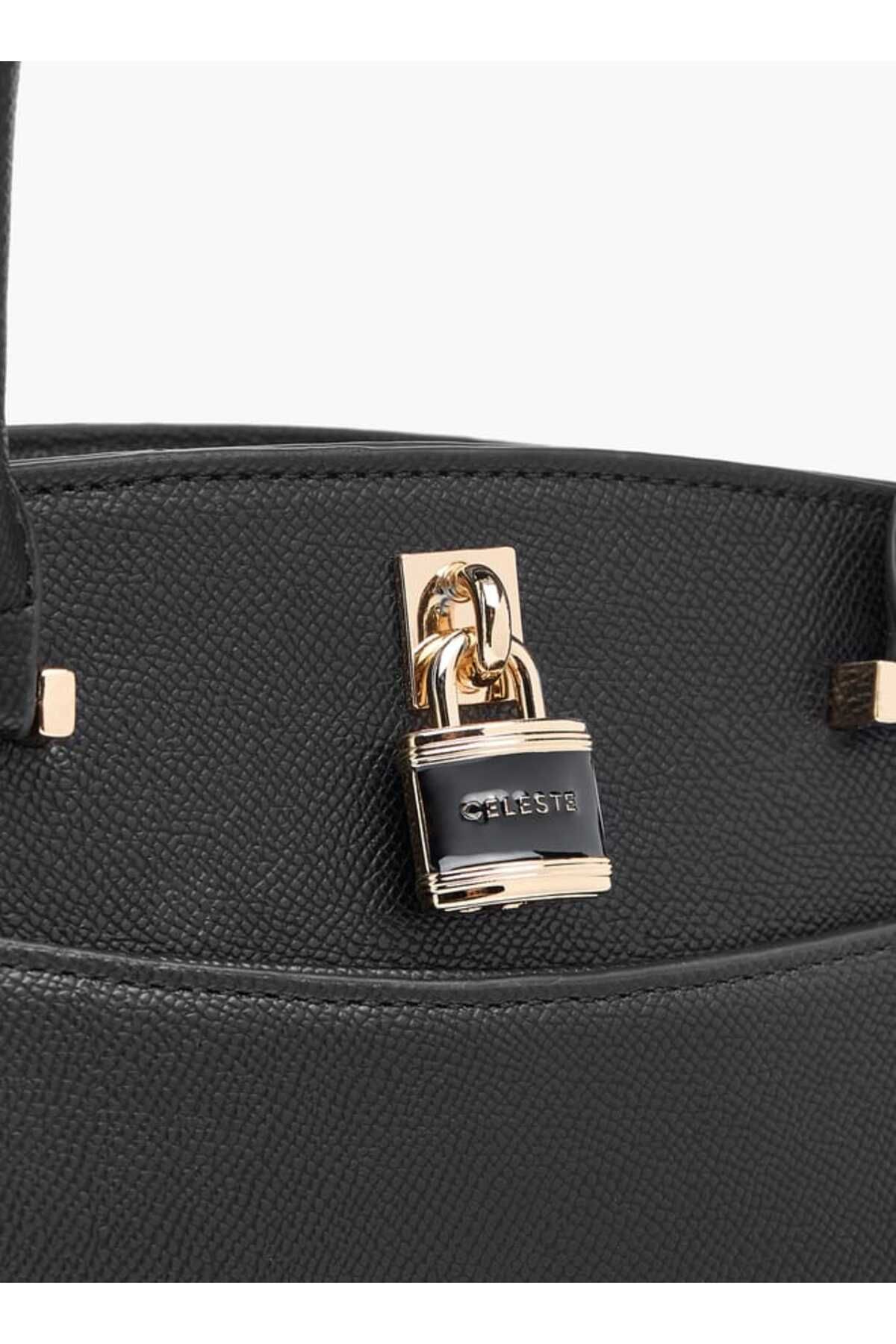Celeste-Solid Tote Bag with Lock Charm and Detachable Strap 4
