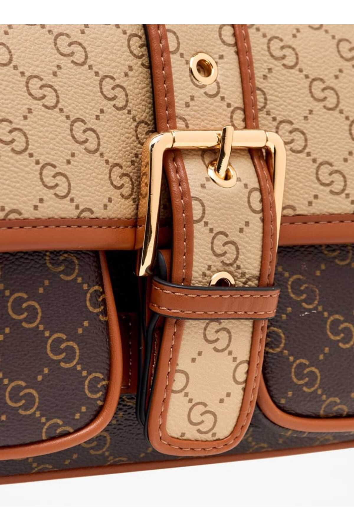 Celeste-Monogram Print Satchel Bag with Adjustable Strap and Flap Closure 4