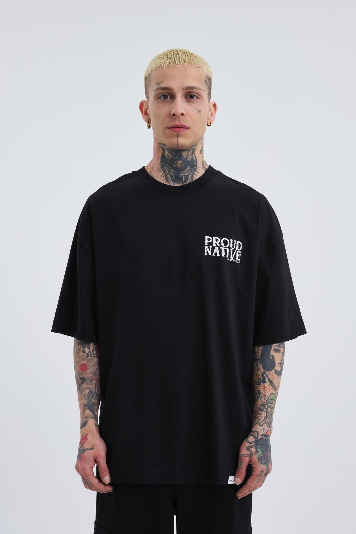 Machinist-Tricou negru oversize cu imprimeu indian pentru bărbați 2