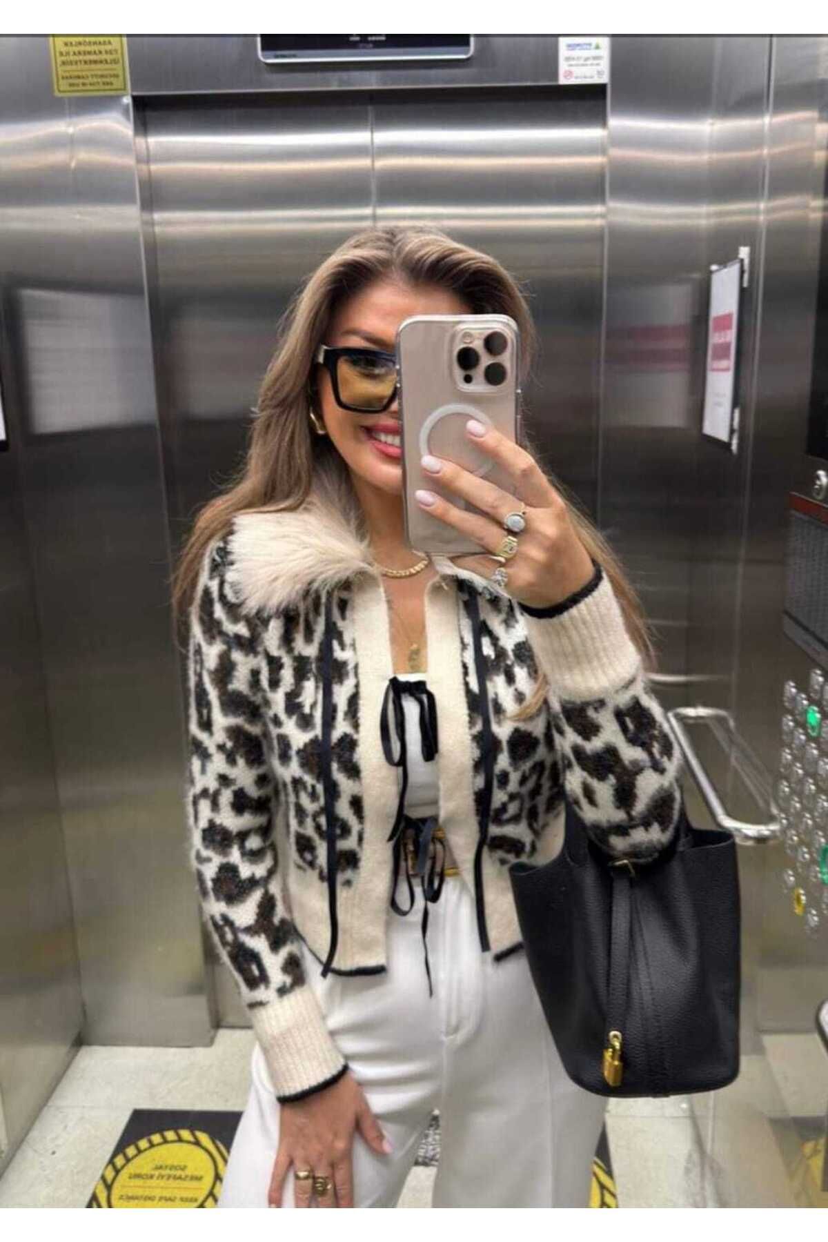 Mzr Collection-Leopard Print Collar Sheepskin Cardigan 2