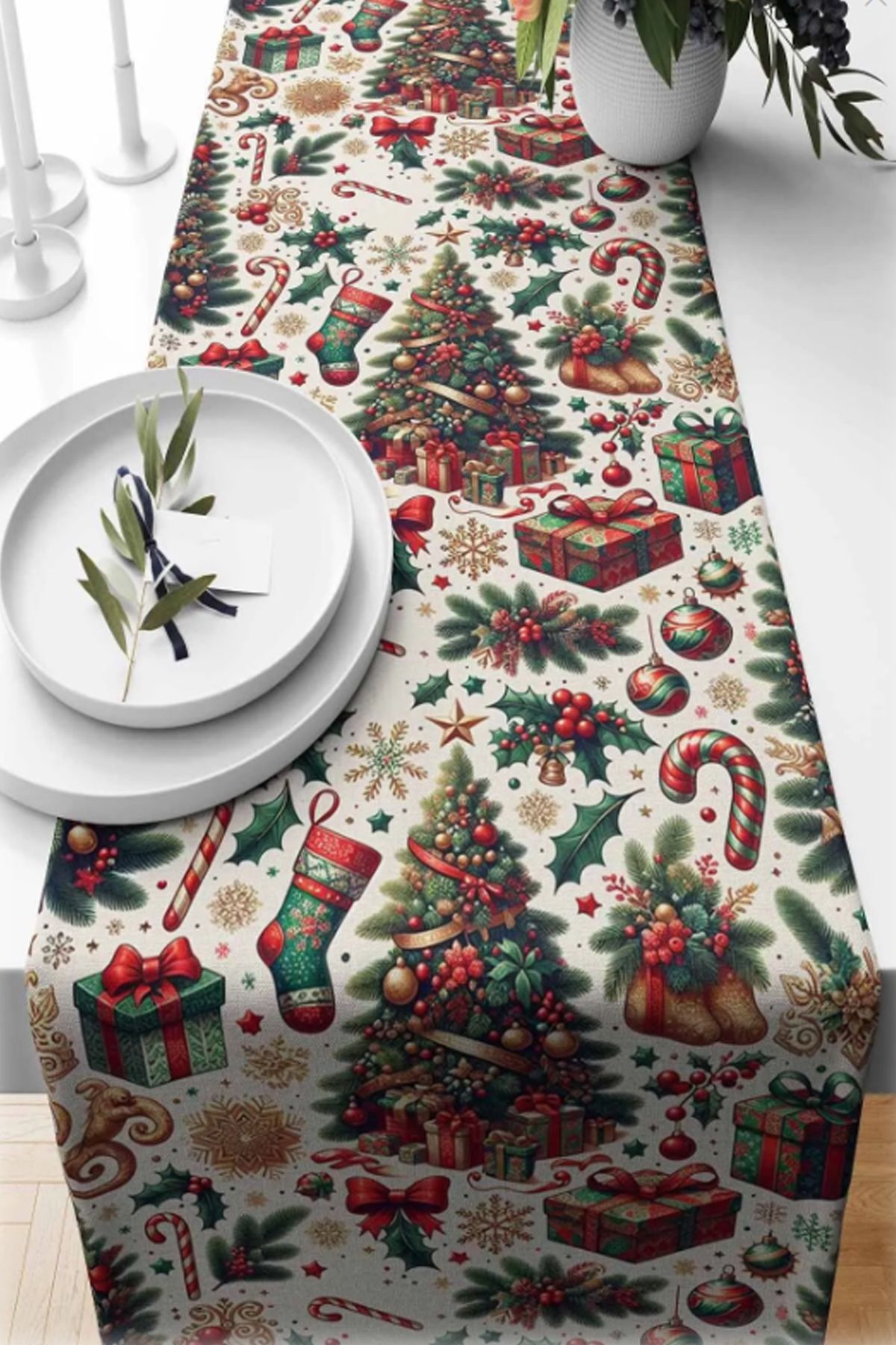 Yılbaşı Temalı Dijital Baskılı Runner Örtüsü Christmas 40x140 cm