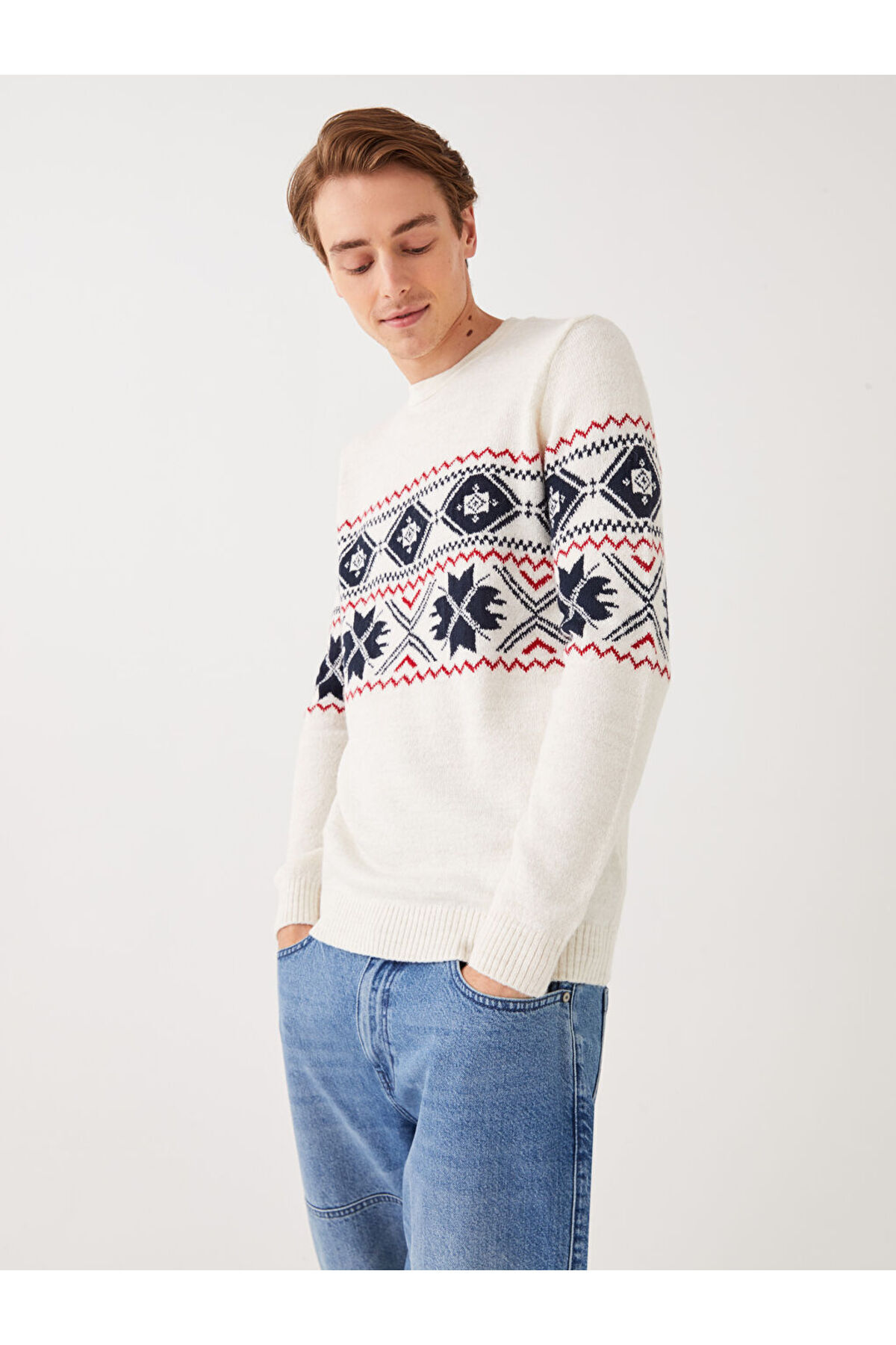 ال سی وایکیکی ژاکت بافتنی مردانه طرح‌دار آستین بلند یقه گرد