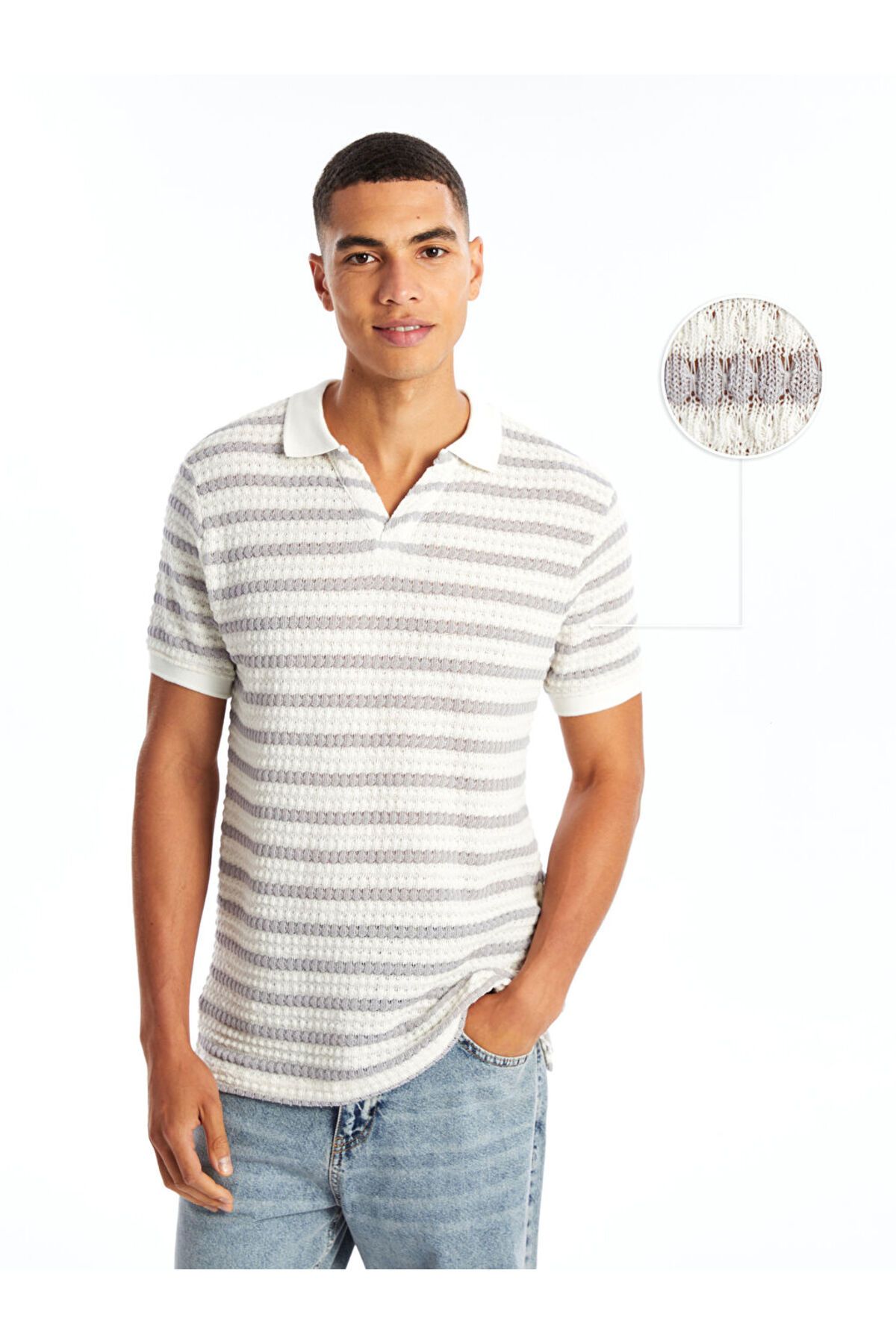 LC Waikiki Yeni Sezon Polo Yaka Kisa Kollu Cizgili Erkek Dokulu Tisort - S4OG15Z8