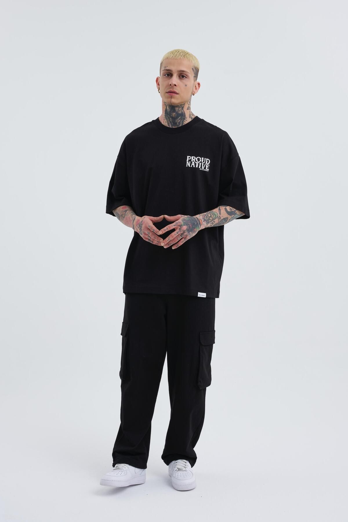 Machinist-Tricou negru oversize cu imprimeu indian pentru bărbați 3