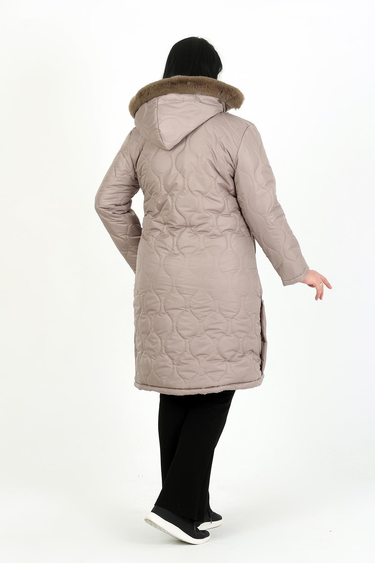 By Alba Collection-Women's Mink Long Woolen Quilted Plus Size Coat 2