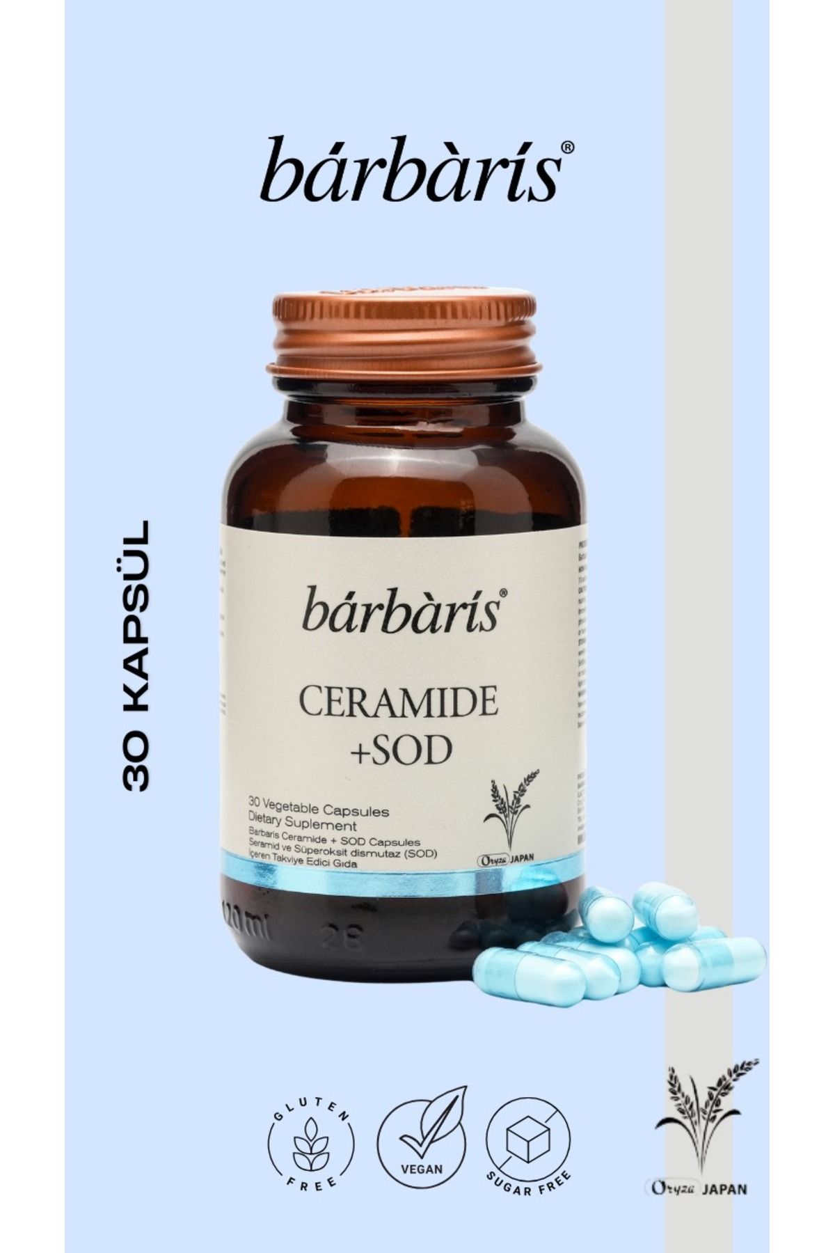 Barbaris BARBARİS CERAMIDE + SOD 30 KAPSÜL 40mg JAPON SERAMİD CİLDE PARLAKLIK- SIKILAŞMA- TON EŞİTLİĞİ -NEM