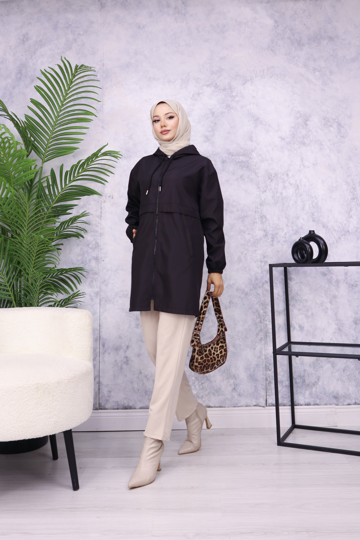 new ats Kapüşonlu Fermuarlı Trençkot