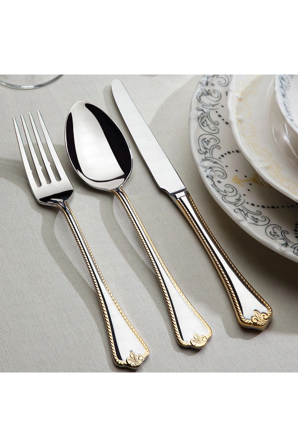 Nehir-Fulya 24 Carat Plain Gold Plated 89 Piece Fork Spoon Knife Set with Cardboard Box 2