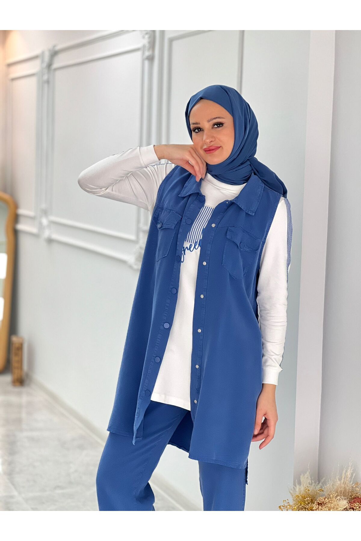 ALLMİRA FASHION-Blue Snap Closure Vest Triple Hijab Suit 10357 2