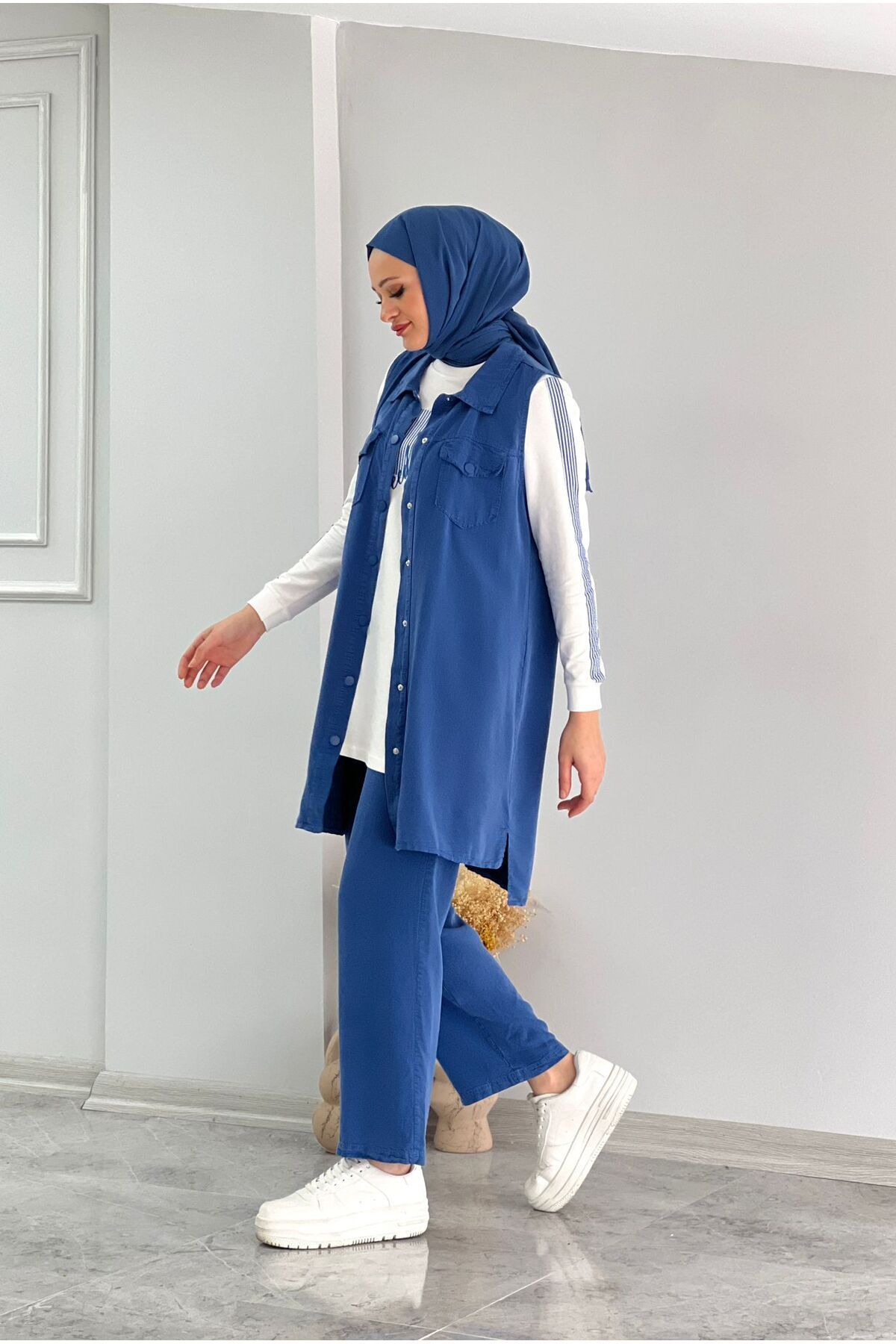 ALLMİRA FASHION-Blue Snap Closure Vest Triple Hijab Suit 10357 3